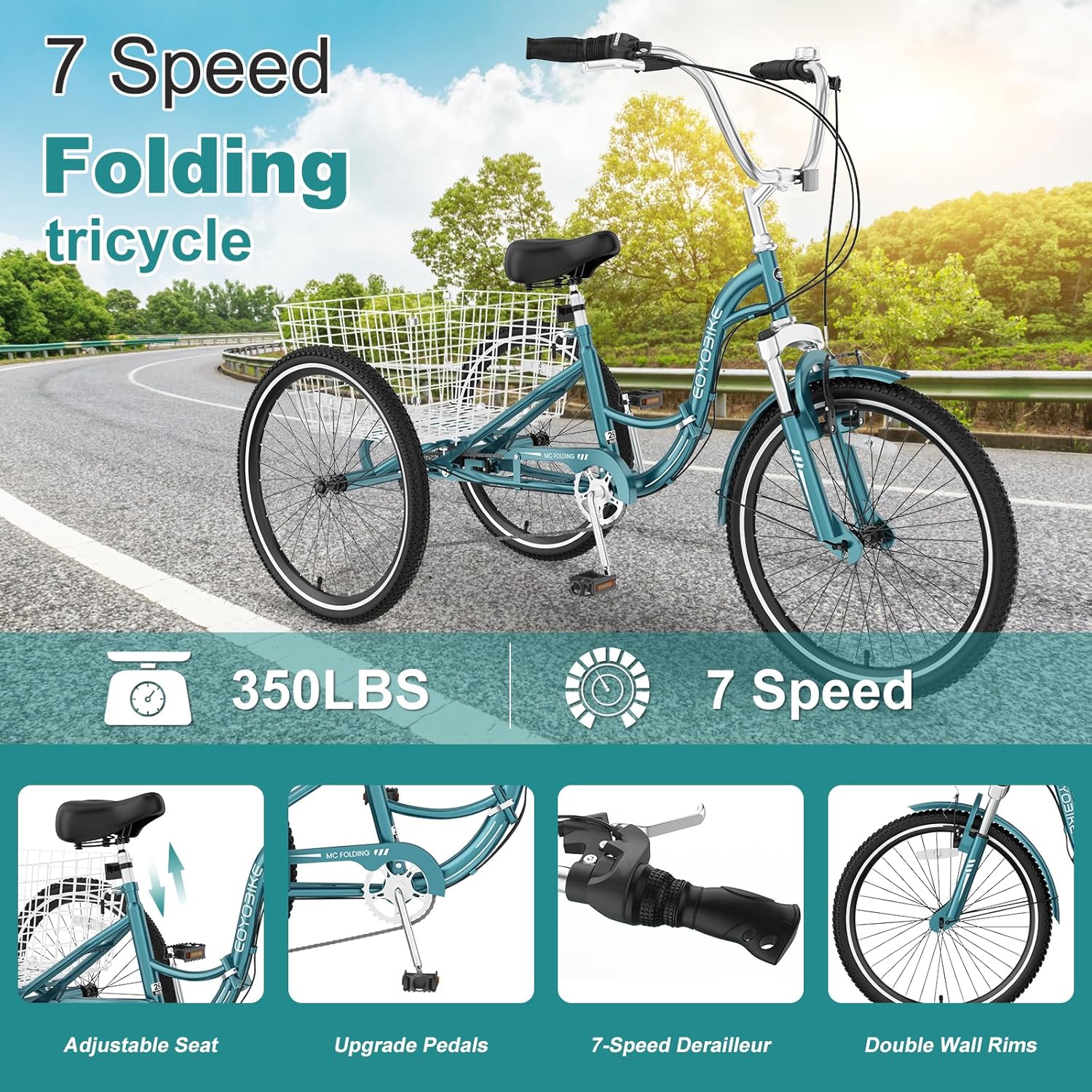 MOPHOTO Adult Folding Tricycle, 7-Speed 3 Wheel Bike for Adults, Seniors, Women & Men, 20/24/26 Inch Low Step-Through Trike with Large Rear Cargo Basket, Adjustable Seat, Space-Saving Cruiser Bicycle