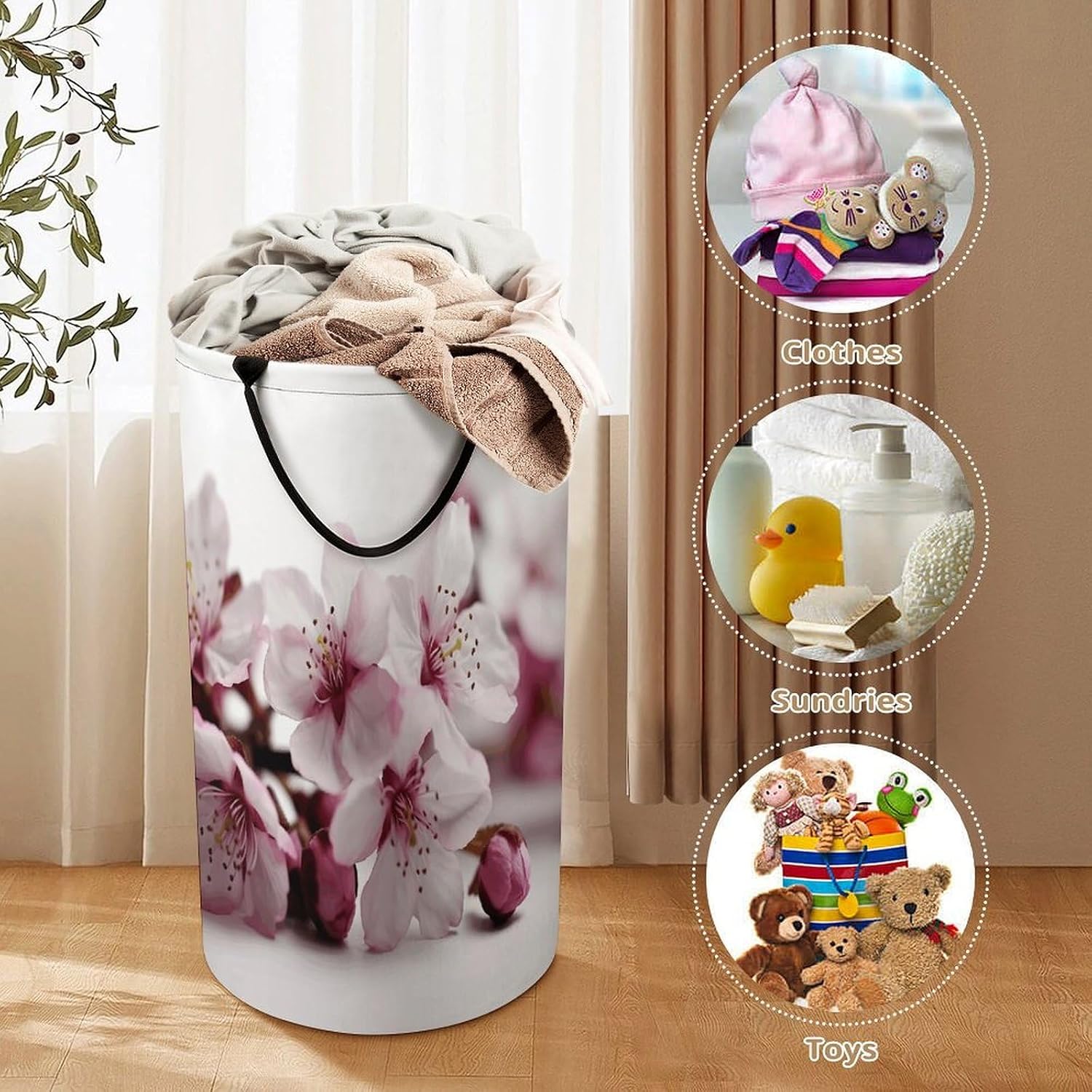 Peach Flower Branch Large Capacity Laundry Baskets,Collapsible Clothes Hamper with Handles，Laundry Hampers for Bathroom,Bedroom,Towels