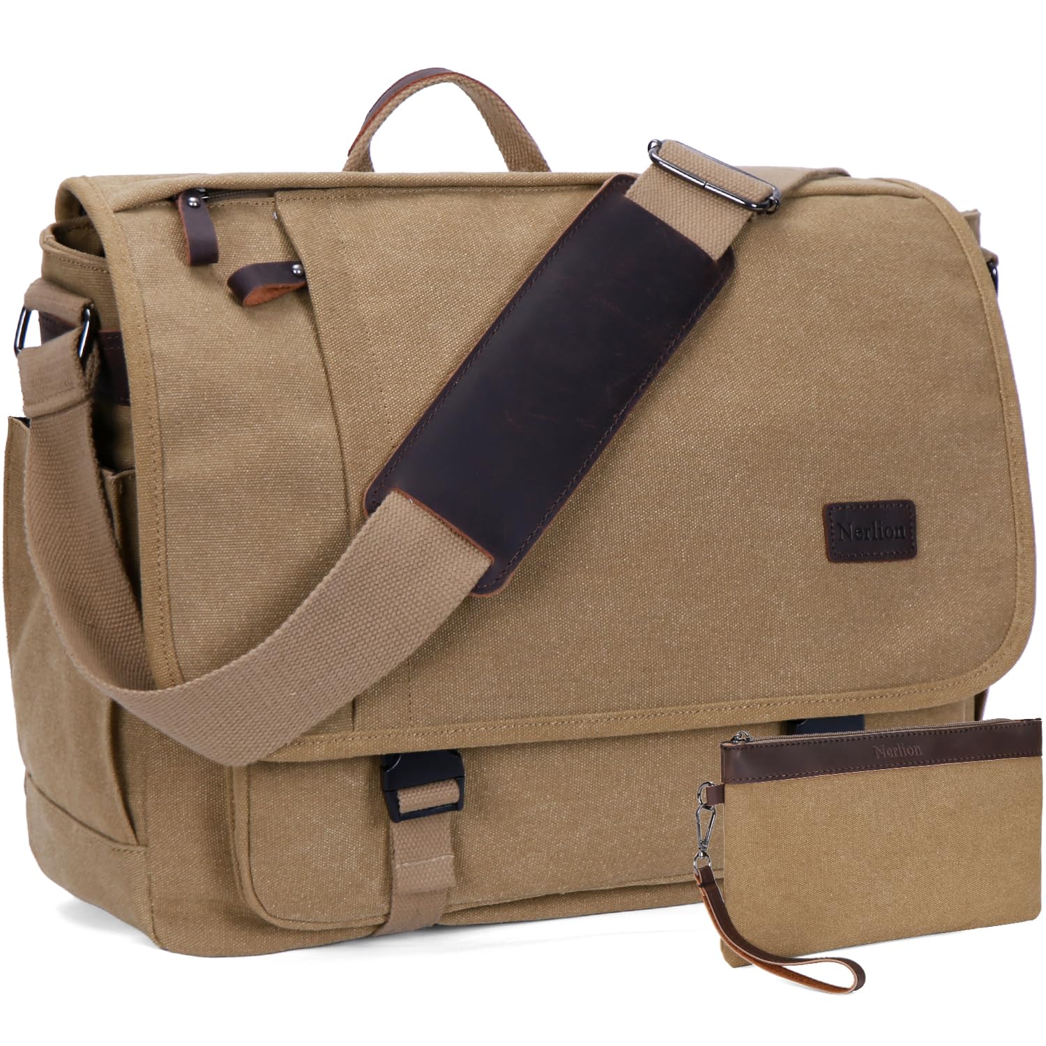 Nerlion Messenger Bag for Men 17-17.3 Inch Laptop Bag Canvas Water-resistant Computer Bag Shoulder Bag Work Briefcase Bookbag for College (Brown)