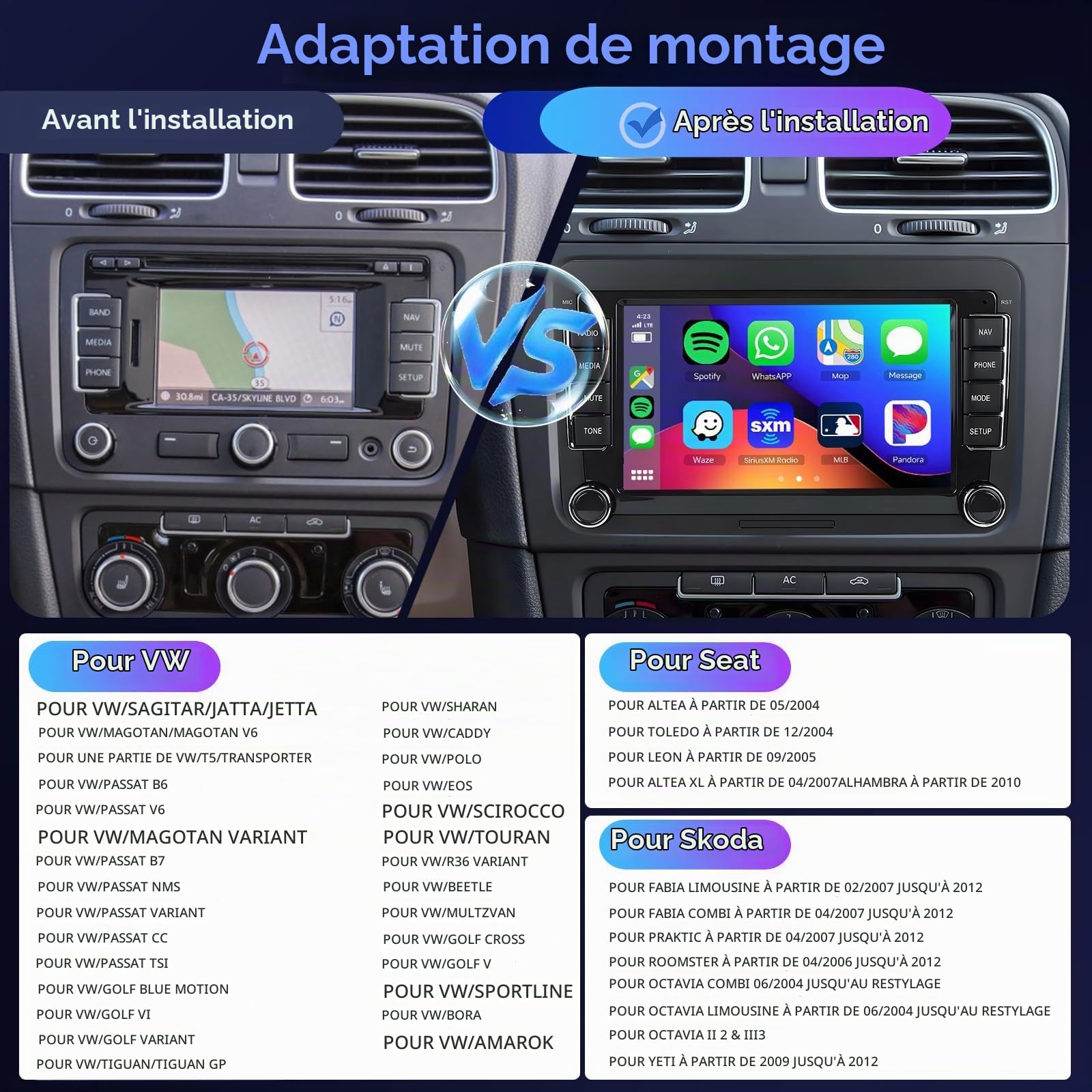 4G & 64G Autoradio 7" Bluetooth pour VW Golf 5 6 Polo Passat Skoda Touran Seat Carplay sans Fil Android Auto, WiFi GPS Navi HiFi RDS/Radio FM 2 DIN avec caméra de recul AHD/DVR/Canbus