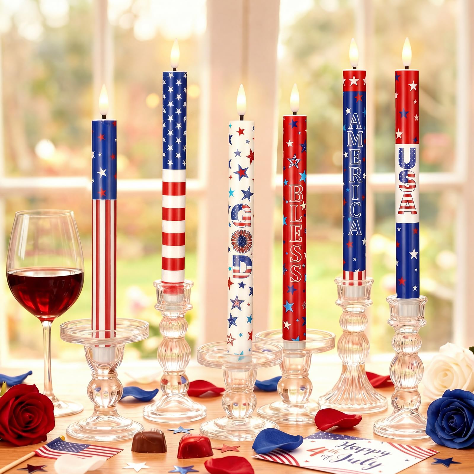 Aurelema 6 Pcs 4th of July LED Flameless Candle Set Patriotic Taper Candles