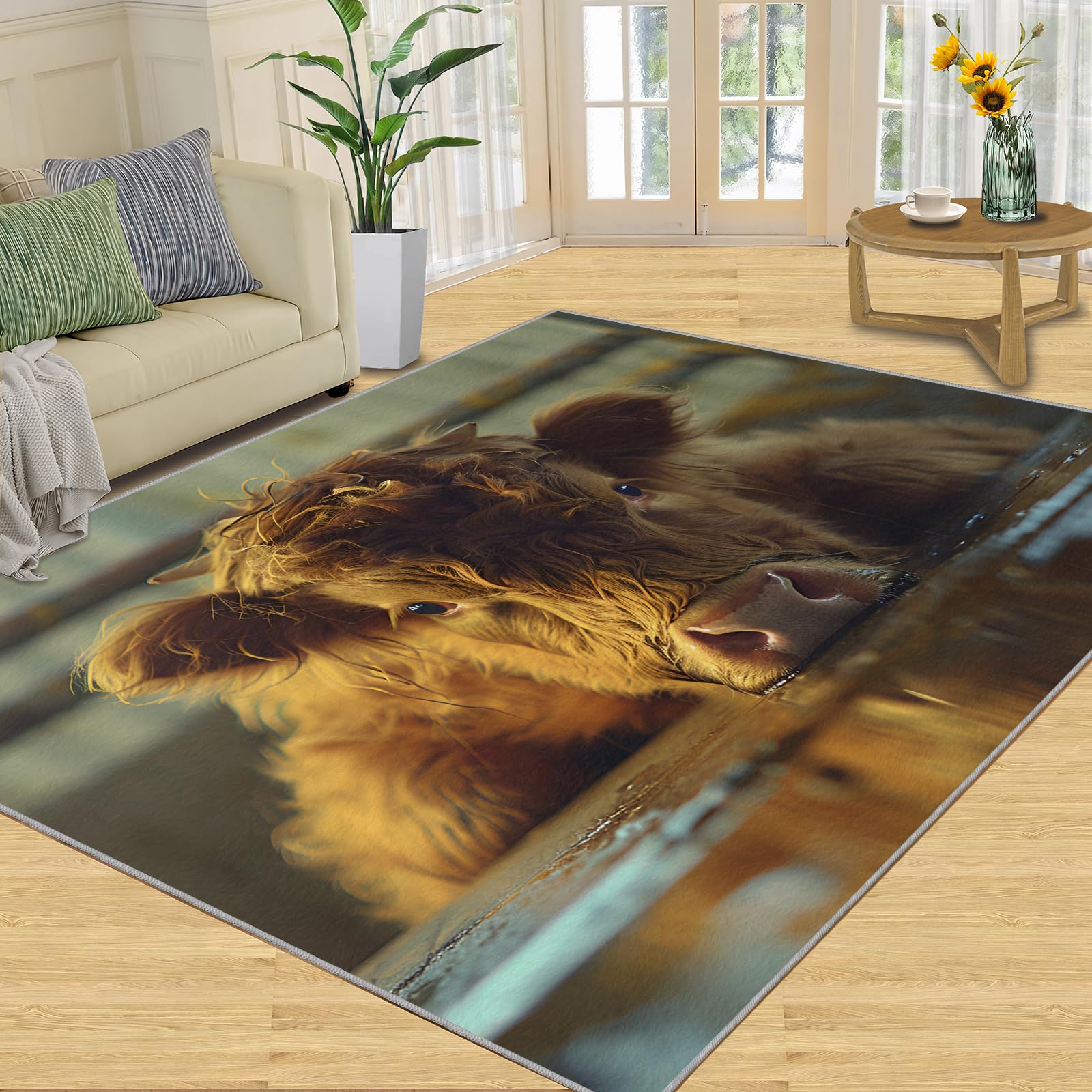 HYGIUID Rugs Living Room Large - 160 x 230 cm Highland Calf Area Rugs for Bedroom, Scottish Highland Cow Floor Mat Non Shedding for Nursery Office Childrens Playroom