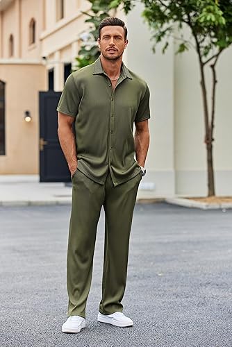 Vista 4 de COOFANDY Conjunto casual de 2 piezas para hombre, camisa de manga corta con botones, para playa, verano, conjunto de pantalones sueltos