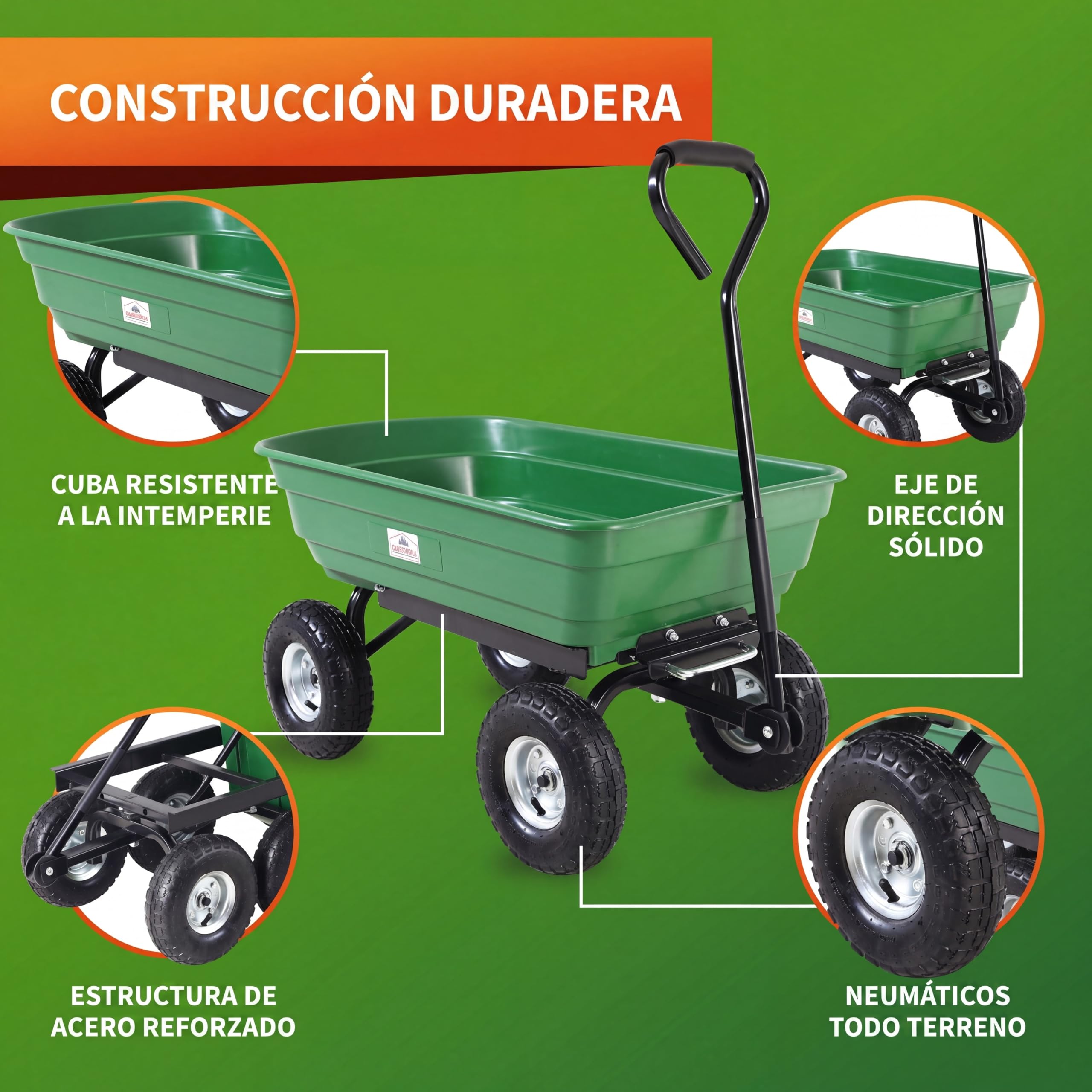 GARDEBRUK Carretilla de Jardín 75L | Basculante, Carga 300Kg, 4 Ruedas Neumáticas, Llantas Acero, Eje Dirección, Asa Acolchada, Marco Acero, Cubeta Plástico