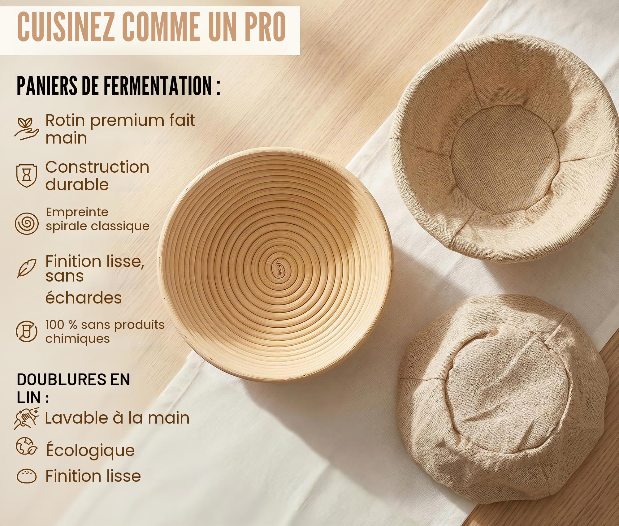 Banneton Lot de 2 paniers à pain ronds en rotin de 22,9 cm et doublures en tissu