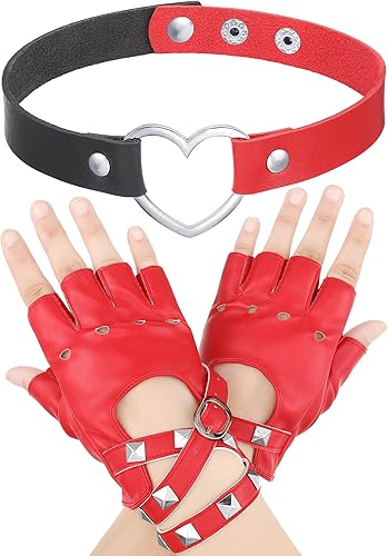 Eurzom Juego de 2 guantes de piel sintética sin dedos con diseño de corazón, incluye guantes rojos sin dedos, collar punk rojo y negro para mujer,