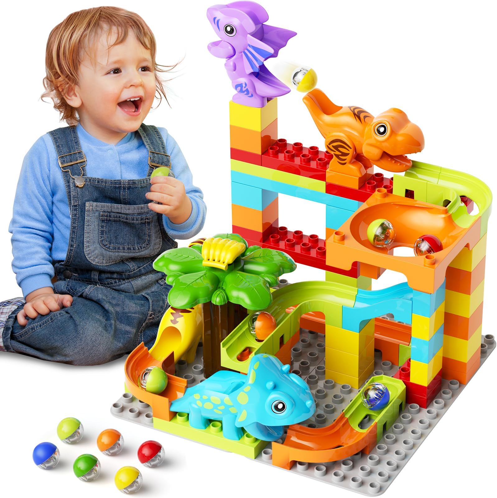 Dinosaur Marble Run Building Blocks, 78 Pcs Interactive Ball Tracks Maze Game Construction Toys Building Set, STEM Educational Gift for Kids Ages 3 4 5 6 7 8 Years
