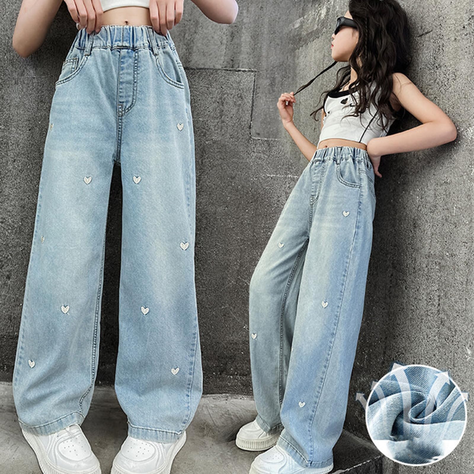 Pantalones vaqueros de pierna ancha para niñas con cintura elástica, pantalones de moda para primavera y otoño de 5 a 12 años, cómodos pantalones de mezclilla casuales