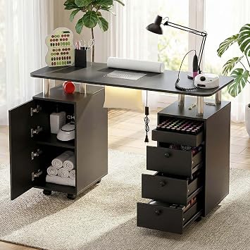 Nail Tech Table with Dust Collector & LED Light, Rolling Manicure Desk with Storage Drawers & Cabinets, Lockable Wheels, Acetone-Resistant Beauty Workstation for Salon, Home Black