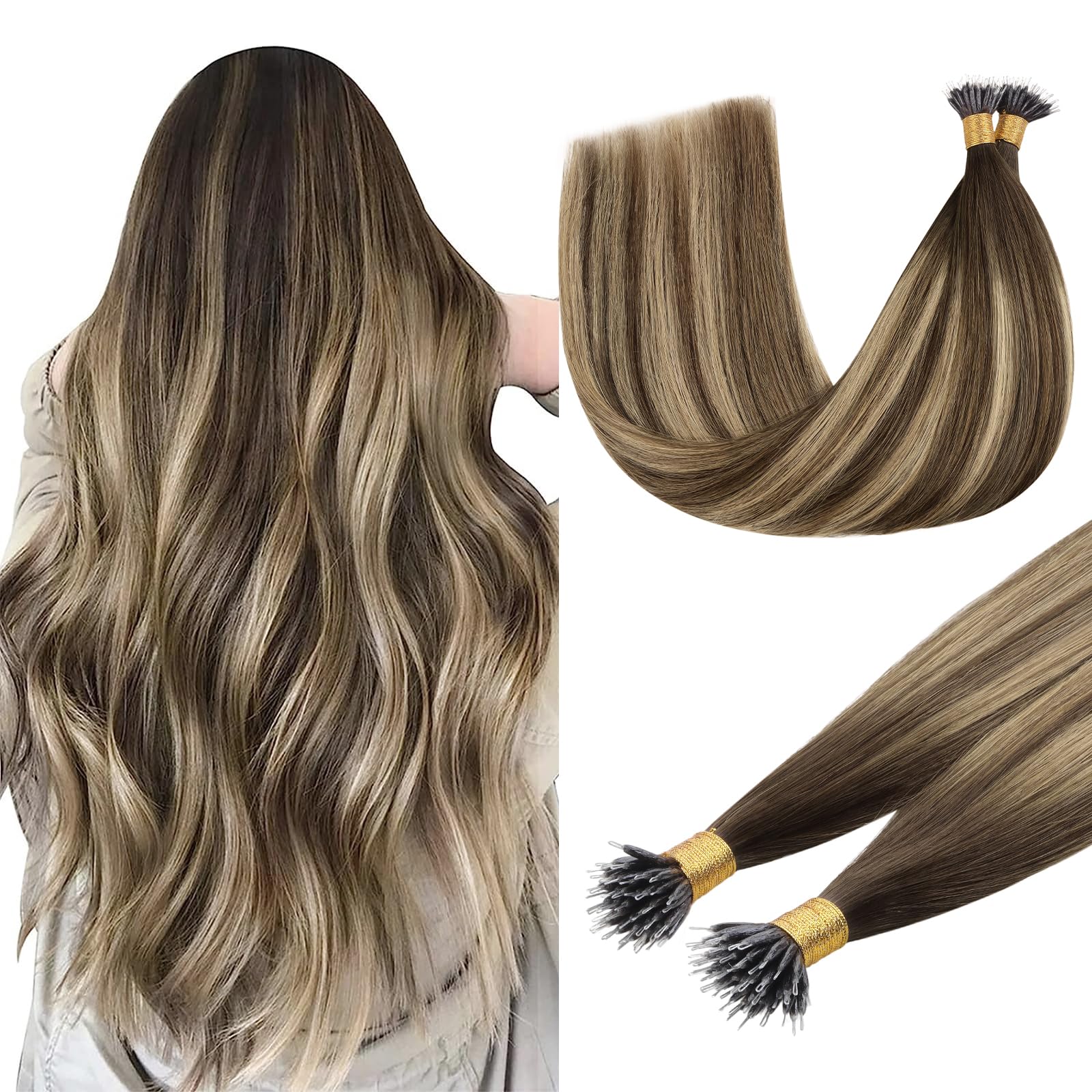DOORES Nano Beads Hair Extensions, Chocolate Brown to Honey Blonde 16 Inch 50g 100s