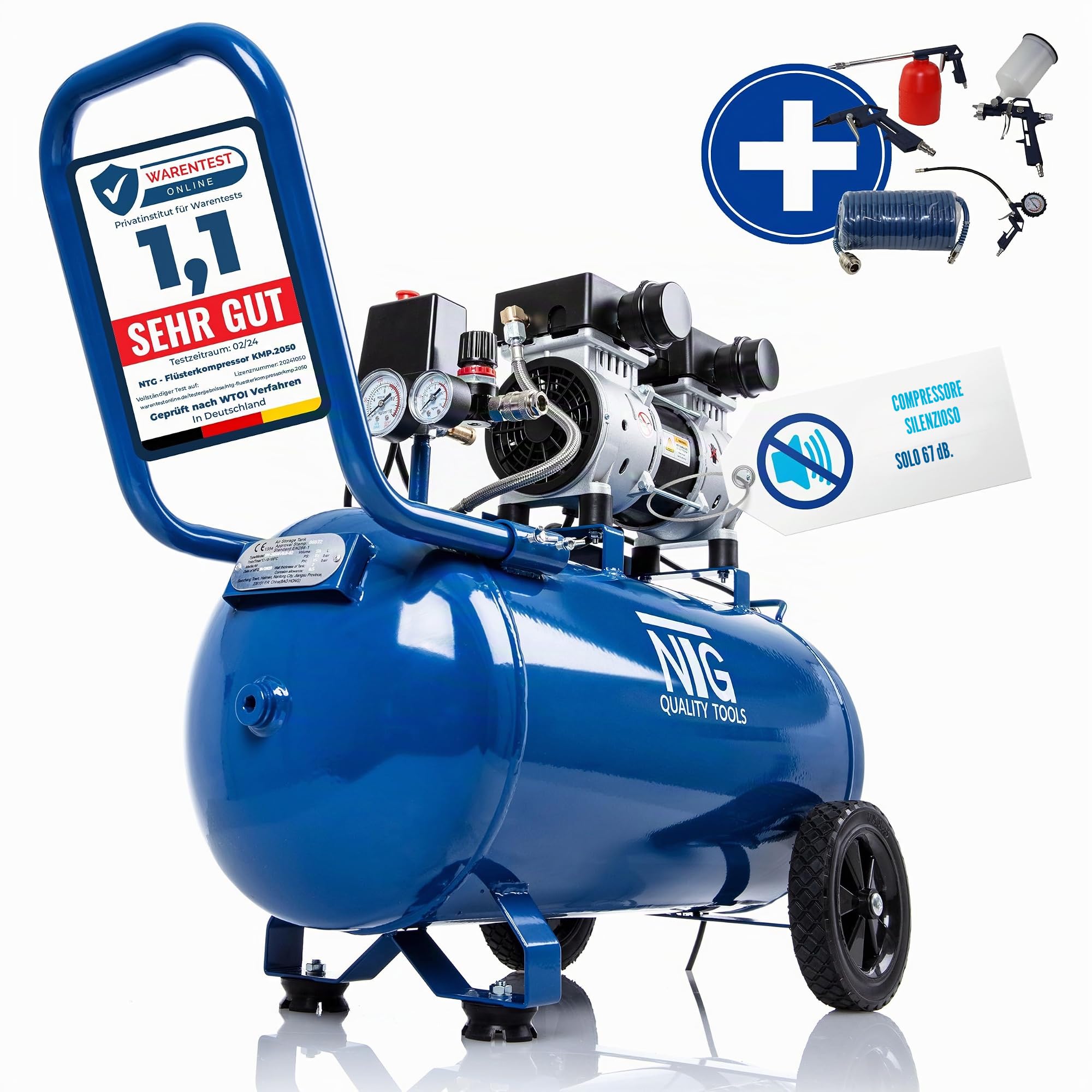 Compressore silenzioso NTG 9 bar | Serbatoio da 50 l | Potenza 1470 W | Senza olio | versatile con manometro e regolatore di pressione Serbatoio da 50 l (compressore con starter kit)