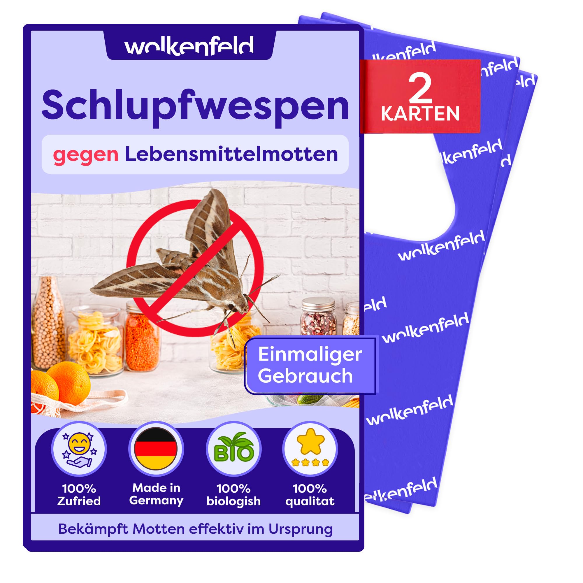 Wolkenfeld Schlupfwespen gegen Lebensmittelmotten – 2 Karten mit 1 Lieferung – Effektive & Chemiefreie Mottenbekämpfung – Natürliche Alternative zu Mottenfallen, Sprays & Pheromonfallen