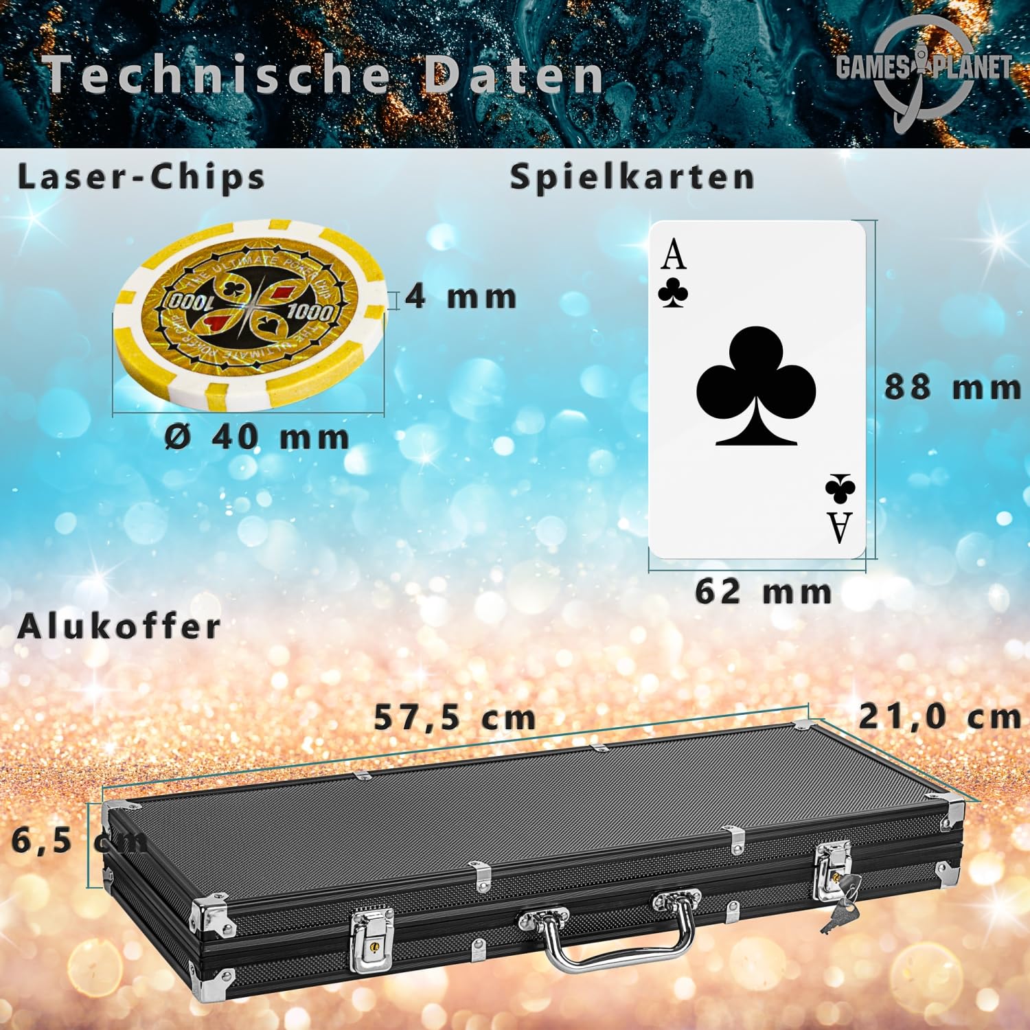 GAMES PLANET Pokerkoffer mit 500 Laser-Chips, Silver/Gold/Black Edition - Auswahl: Black