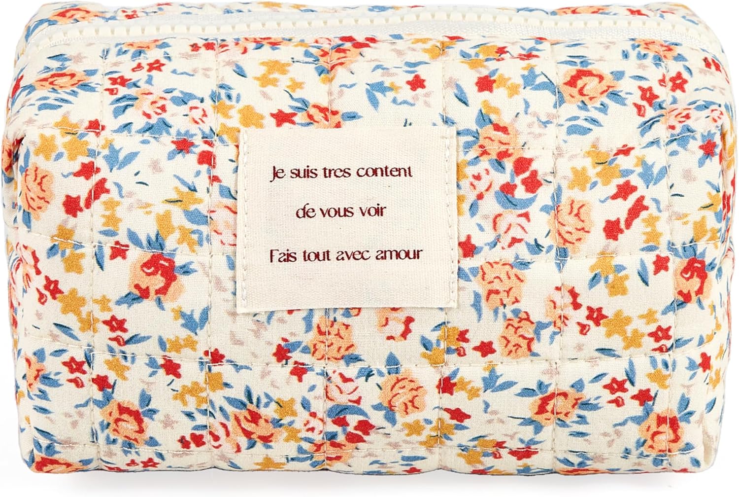 Floral Makeup Bag Small Cotton Quilted Cosmetic Bag Organizer, Aesthetic Cottagecore Preppy Portable Pouch Purse Toiletry Bag for Women Girls Travel accessories (Red Floral-S)