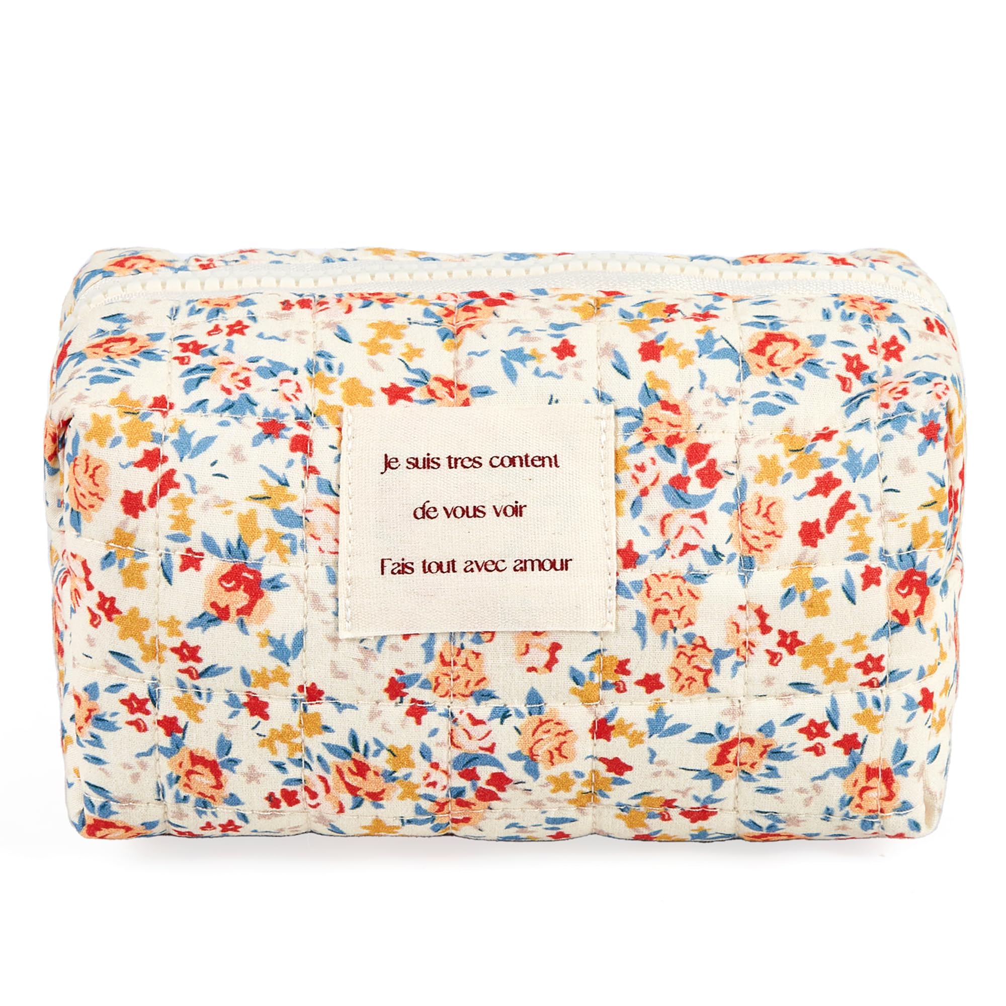 Sminra 2 Pieces Makeup Bag Cute Large Travel Quilted Cosmetic Makeup Bag Organizer, Floral Cotton Coquette Aesthetic Toiletry Bag Storage Bag for Women Girls accessories, Red Floral-S, Cottagecore-image-16