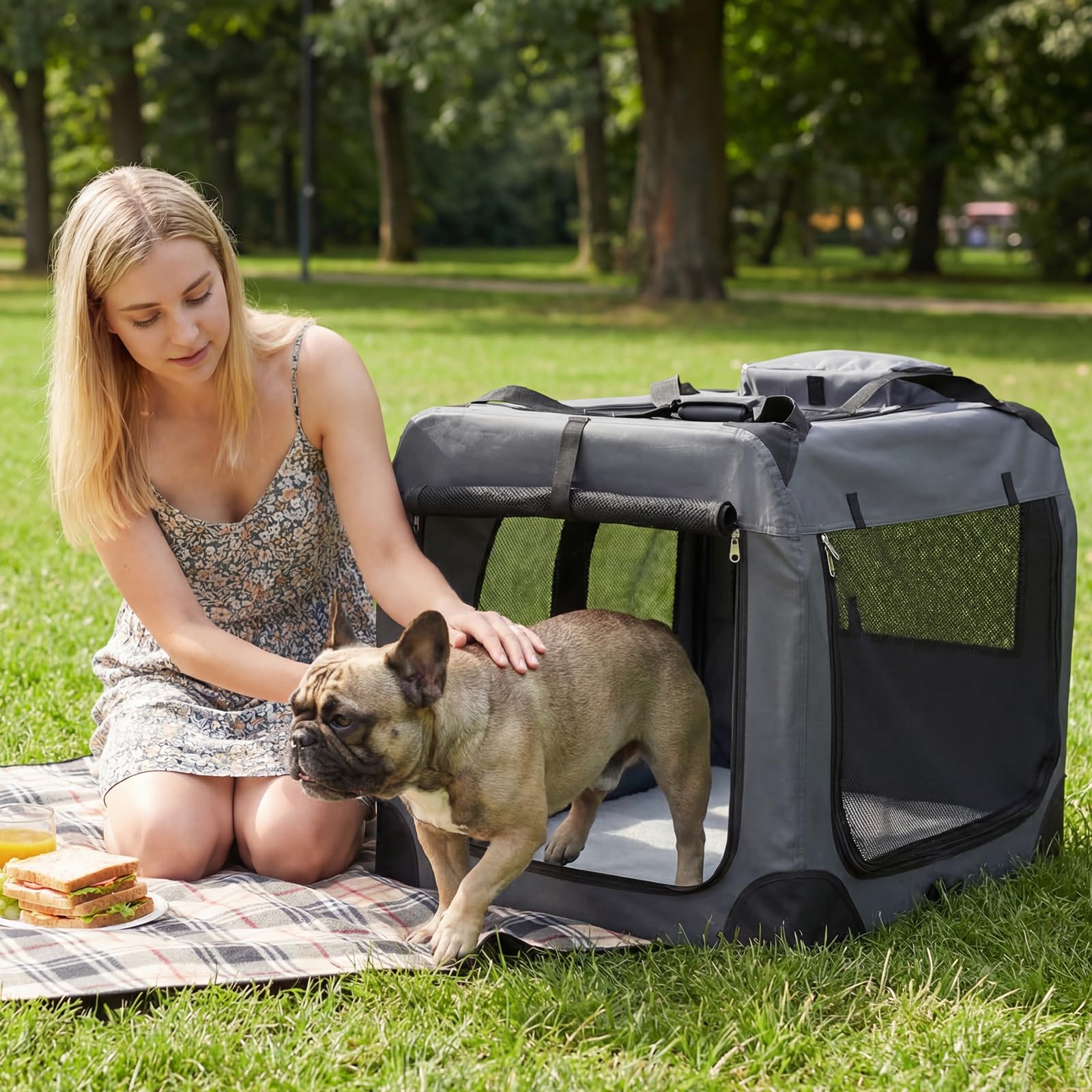COSTWAY Hundebox Auto, Transportbox Hund faltbar (L-83,5 x 58 x 58 cm,Grau) | Hundetransportbox mit Griffen, 2 Taschen & abnehmbarem Pad, atmungsaktiv und tragbar, Katzenbox aus Oxford & Metallrahmen