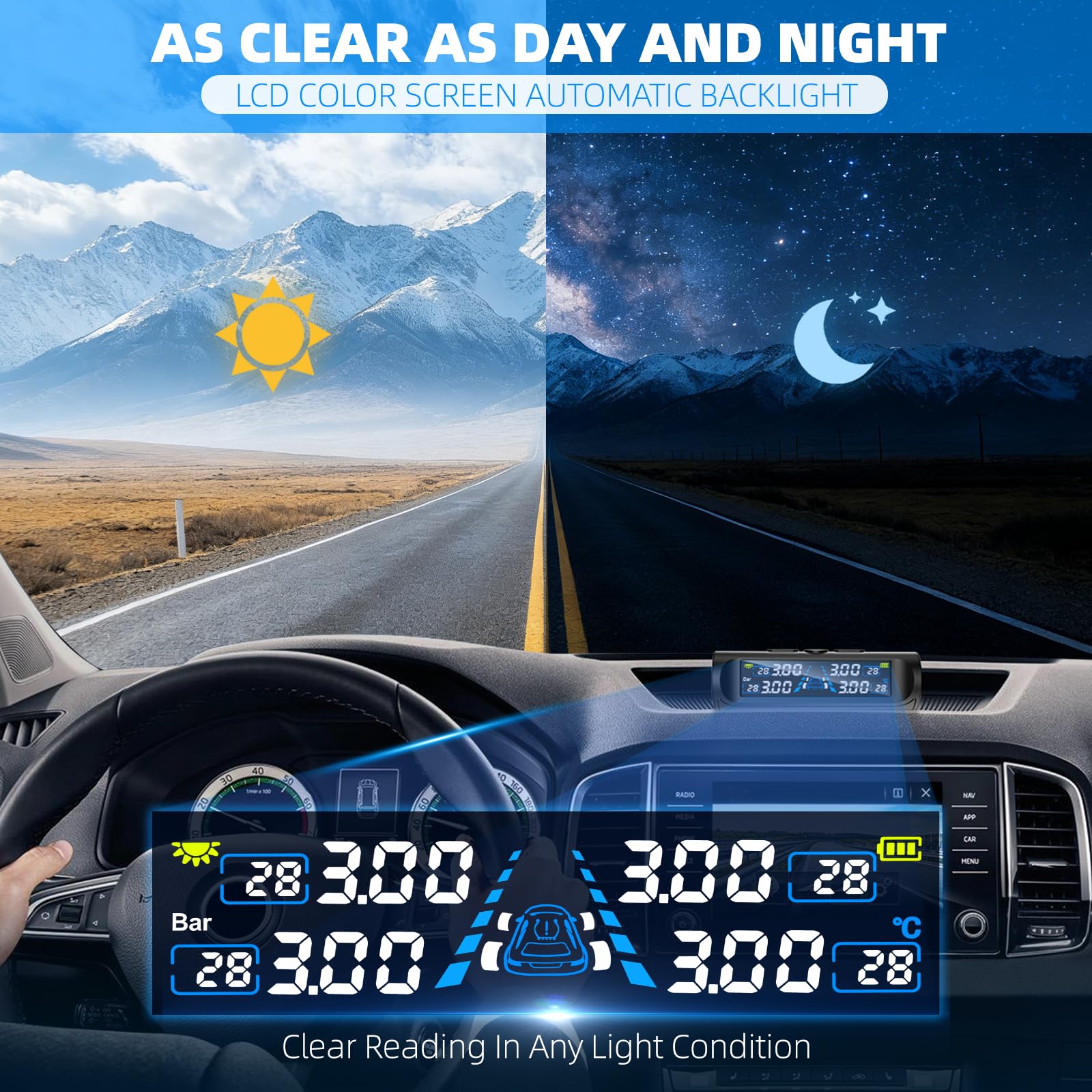 TPMS Sistema di monitoraggio della pressione dei pneumatici con traccia dinamica UL, monitor della pressione dei pneumatici solare con modalità di allarme, sensore impermeabile IPX7, 0-98 PSi