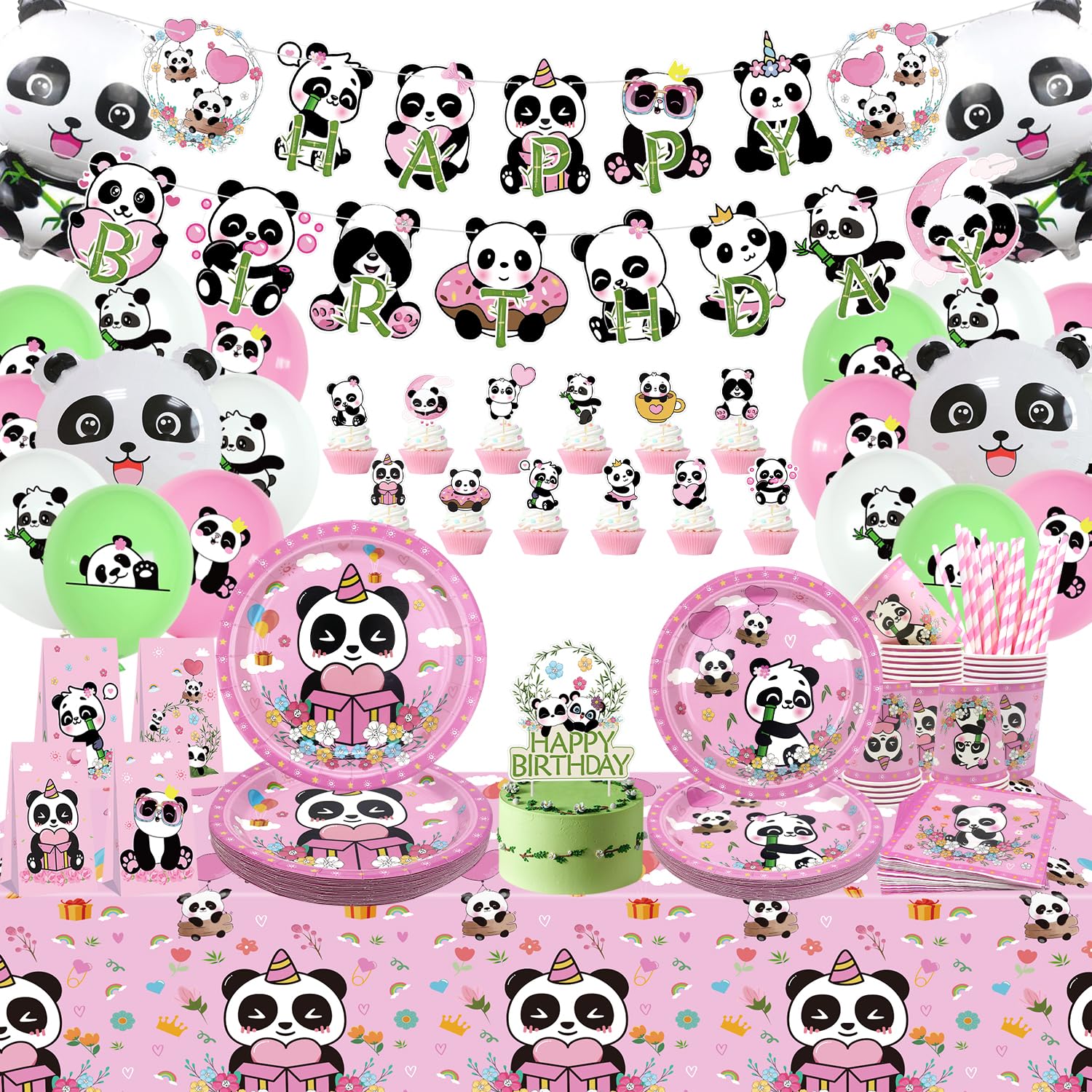 Panda decorazioni di compleanno – striscioni, piatti, tazze, tovaglie, palloncini per feste di ragazze (B)