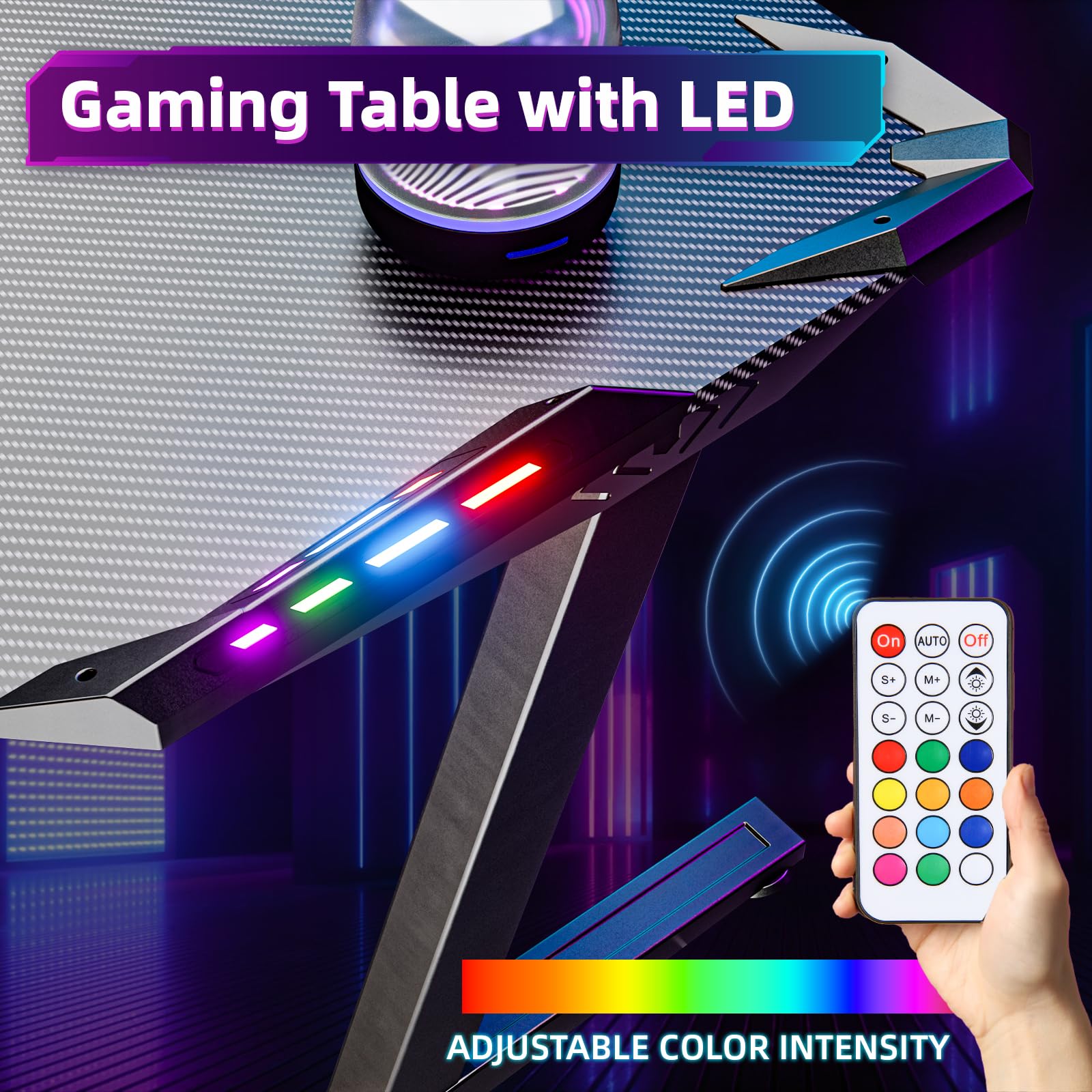 Himimi Scrivania Gaming LED 160 x 70 CM, Tavolo Gaming Ergonomica, Postazione Gaming Dotato con Piano del Tavolo in Fibra di Carbonio, Scrivania per Computer con Porta Bicchiere e Ganci per Cuffie