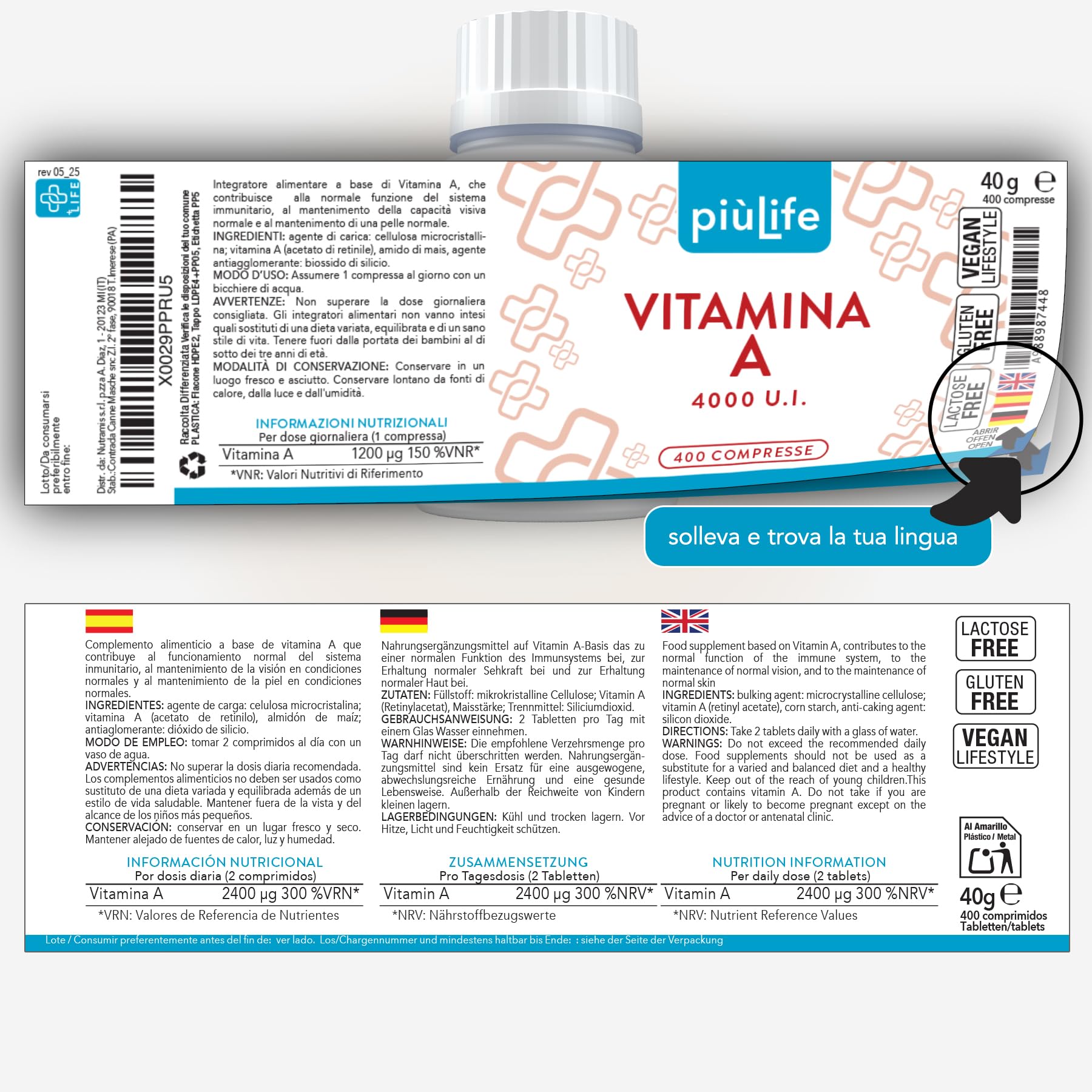 Vitamina A Pura 1200mcg PiùLife 4000 UI Per Compressa, Retinoidi Integratore, Vitamina A Retinolo (Acetato Di Retinile) Antiossidante Integratore Occhi Vista Pelle, Difese Immunitarie