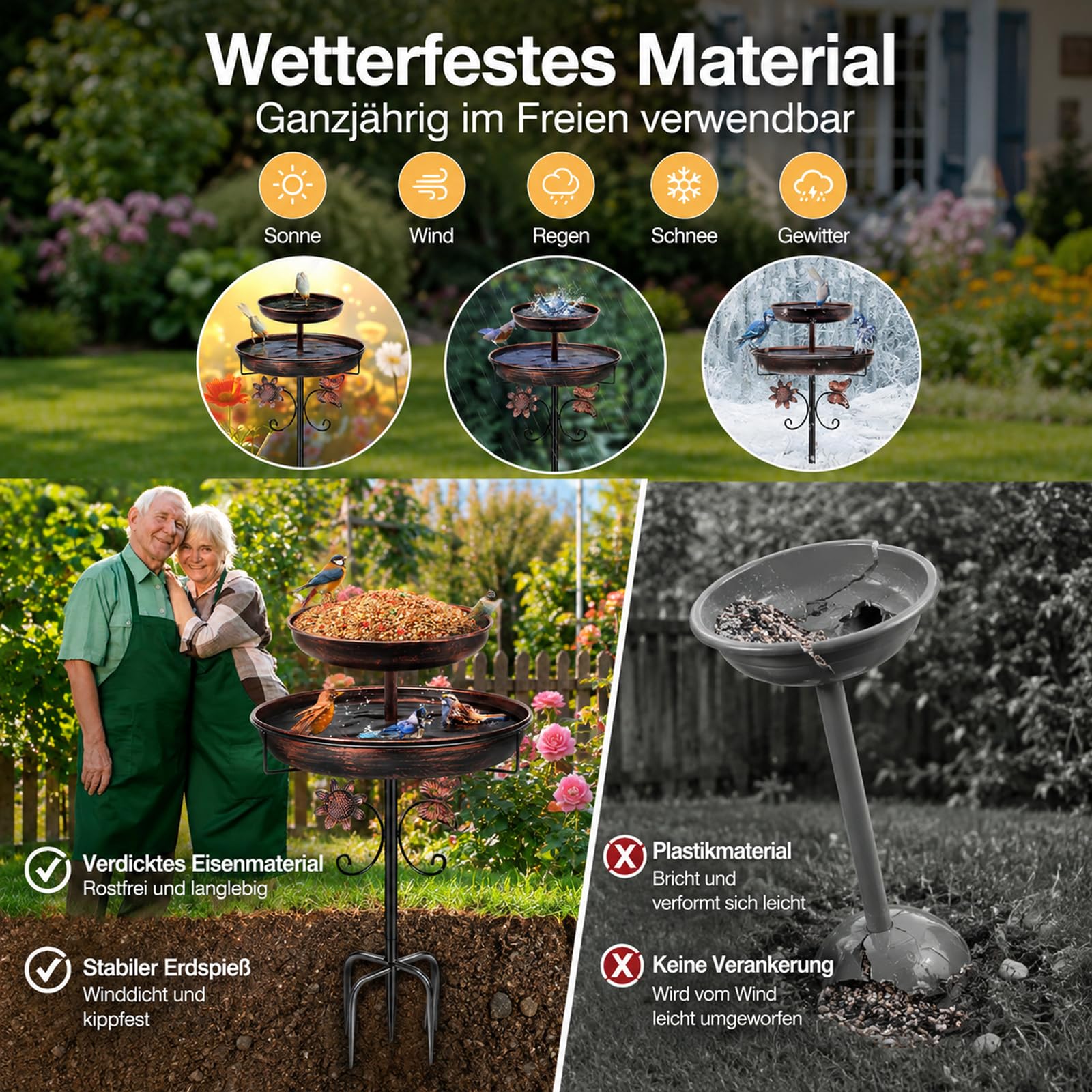 Baño para pájaros para exterior, jardín, 85 cm, cuenco de metal para pájaros, bebedero de agua para pájaros, bebedero para pájaros antiguos, resistente al invierno, cuenco de agua para pájaros