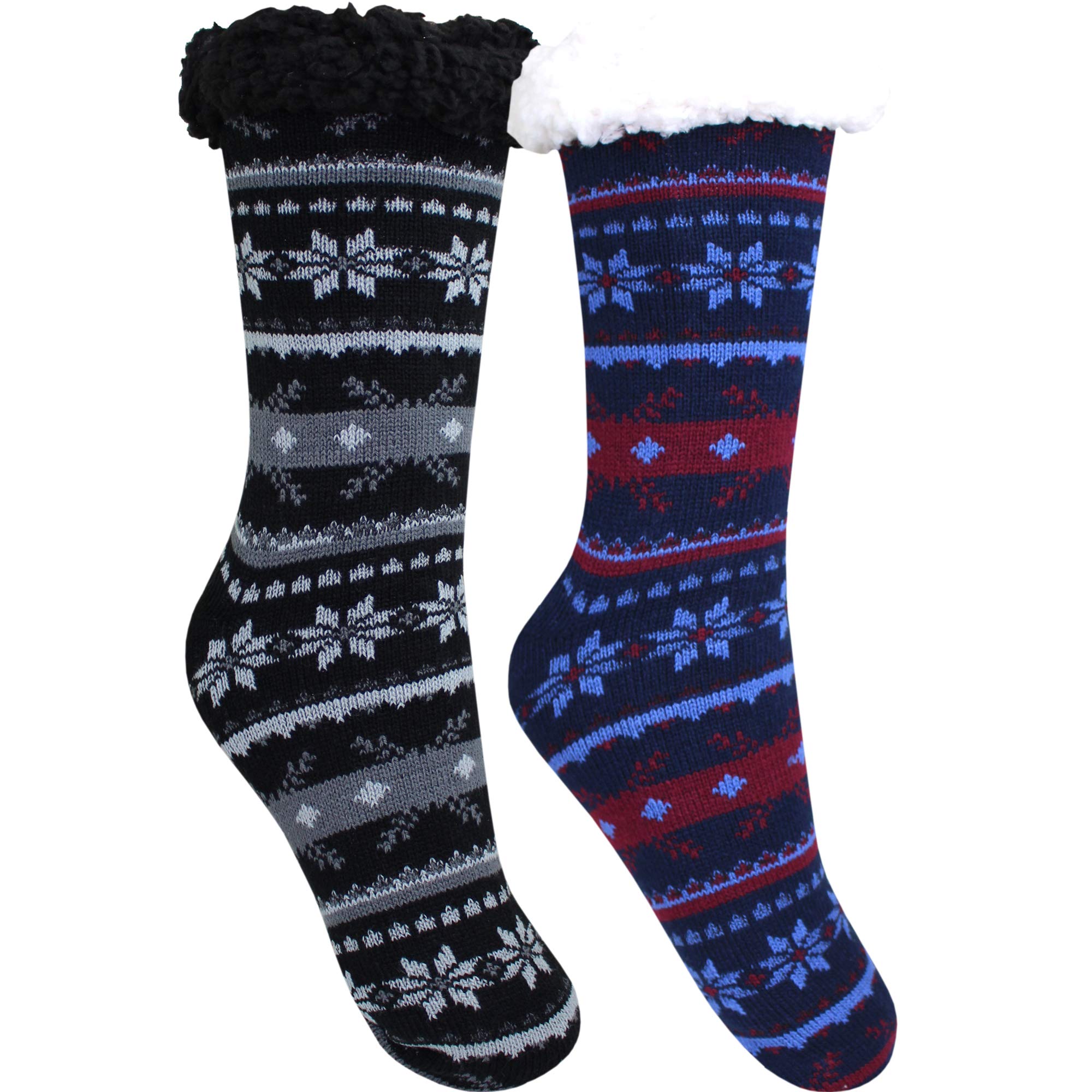TeddyTs Men's Thermal Fairisle Lounge Slipper Socks With Grippers (2 Pair Pack) (Grey & Navy Burgundy)