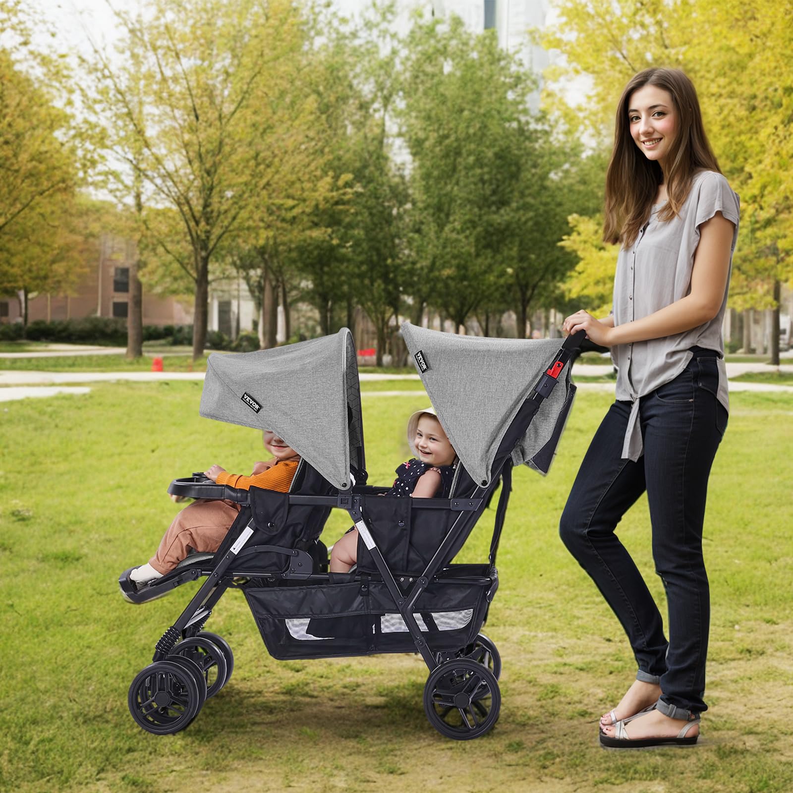 VEVOR Passeggino Doppio, Schienale/Poggiapiedi Regolabili, Passeggino Gemellare Pieghevole Leggero, Cintura di Sicurezza Avvolgente, Cestino Portaoggetti, per Neonati, Bambini Piccoli (Grigio Scuro)