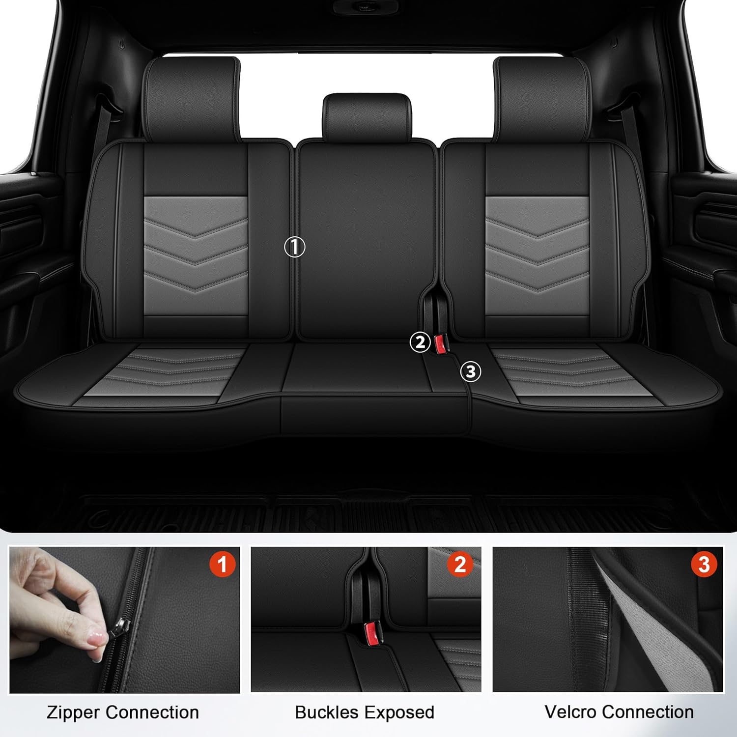 for Dodge Ram 1500 2500 3500 Seat Covers 2012-2025 2026 Only Fit Curved Bench Leather Seat Protector with Lumber Support（5 Seats,Black