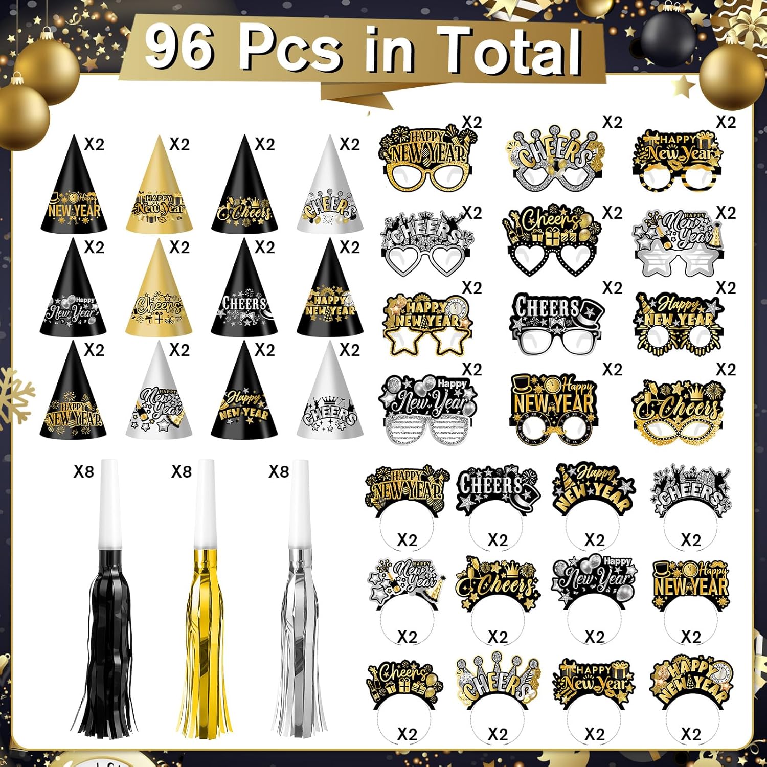 Jenaai 96 Pcs New Year Eve Party Supplies 2026 Happy New Year Eve Party Favors Include Paper Glasses Cone Hats Black Silver Gold Headbands Blowers Noisemakers for Holiday Decors Photo Prop Accessories - Image 5