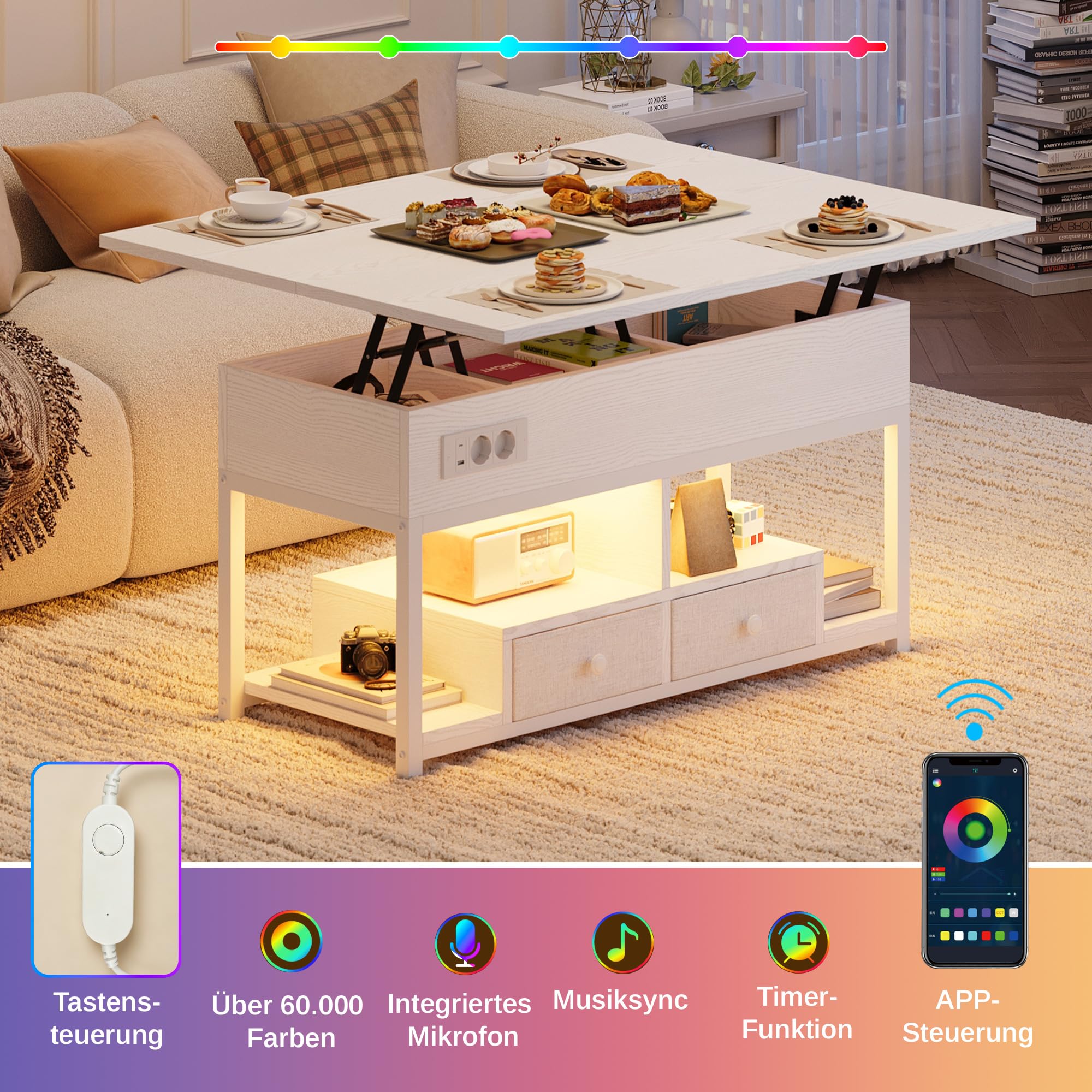 IRONCK Couchtisch Höhenverstellbar, LED Wohnzimmertisch mit Steckdosen