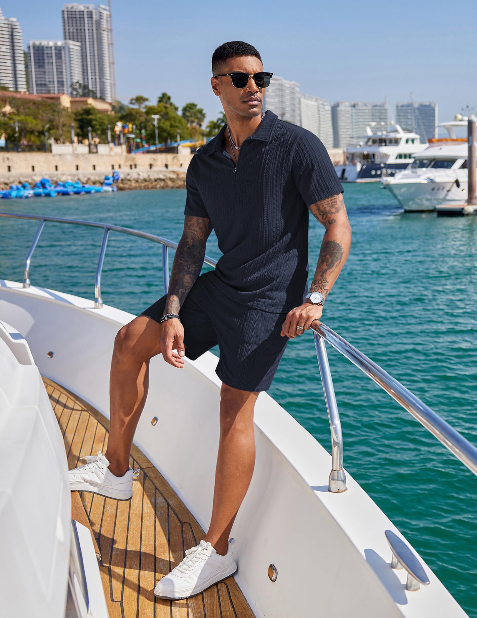 COOFANDY Completo da uomo 2 pezzi casual polo e pantaloncini con zip a un quarto set di tuta sportiva da jogging estivo