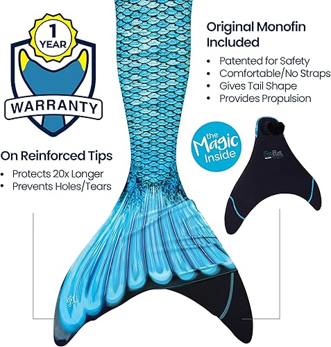 Miniatura 4 de Fin Fun - Cola de sirena auténtica para niños, resistente al desgaste, para nadar, monoaleta incluida