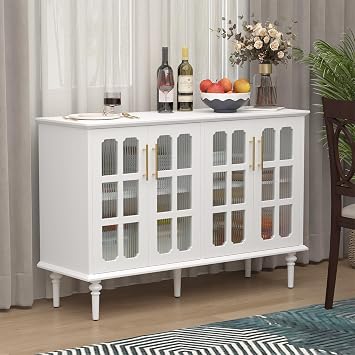 48" Buffet Cabinet with 4 Lattice Glass Door Storage Cabinet,White | Vintage Accent Cabinet with Adjustable Shelves, Sideboard Cabinet for for Living Room, Kitchen, Dining Room, Entryway