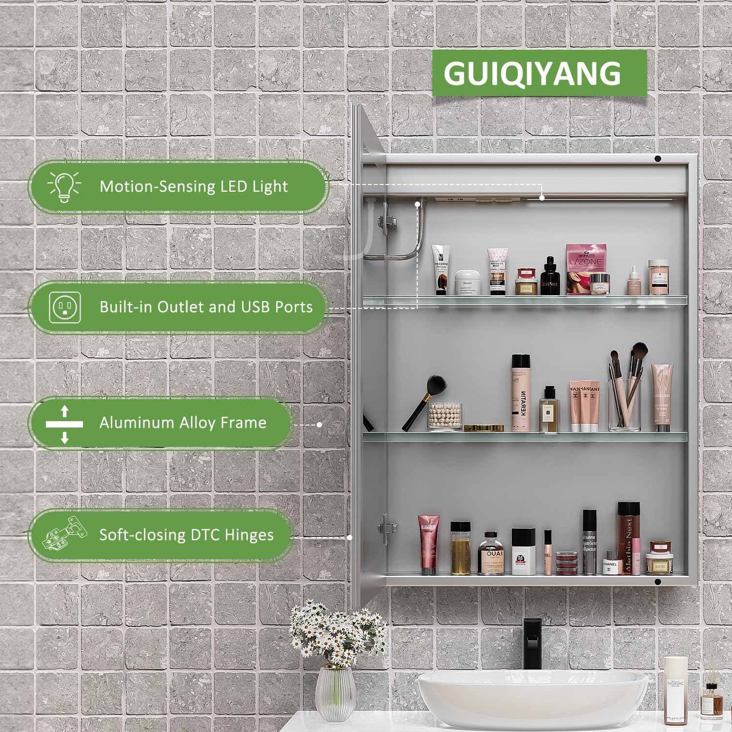 Medicine Cabinet with Lights, Bathroom LED Mirror Cabinet with Storage, Anti-Fog & 3 Color Lights, Recessed or Wall Mounted (24X32 in)