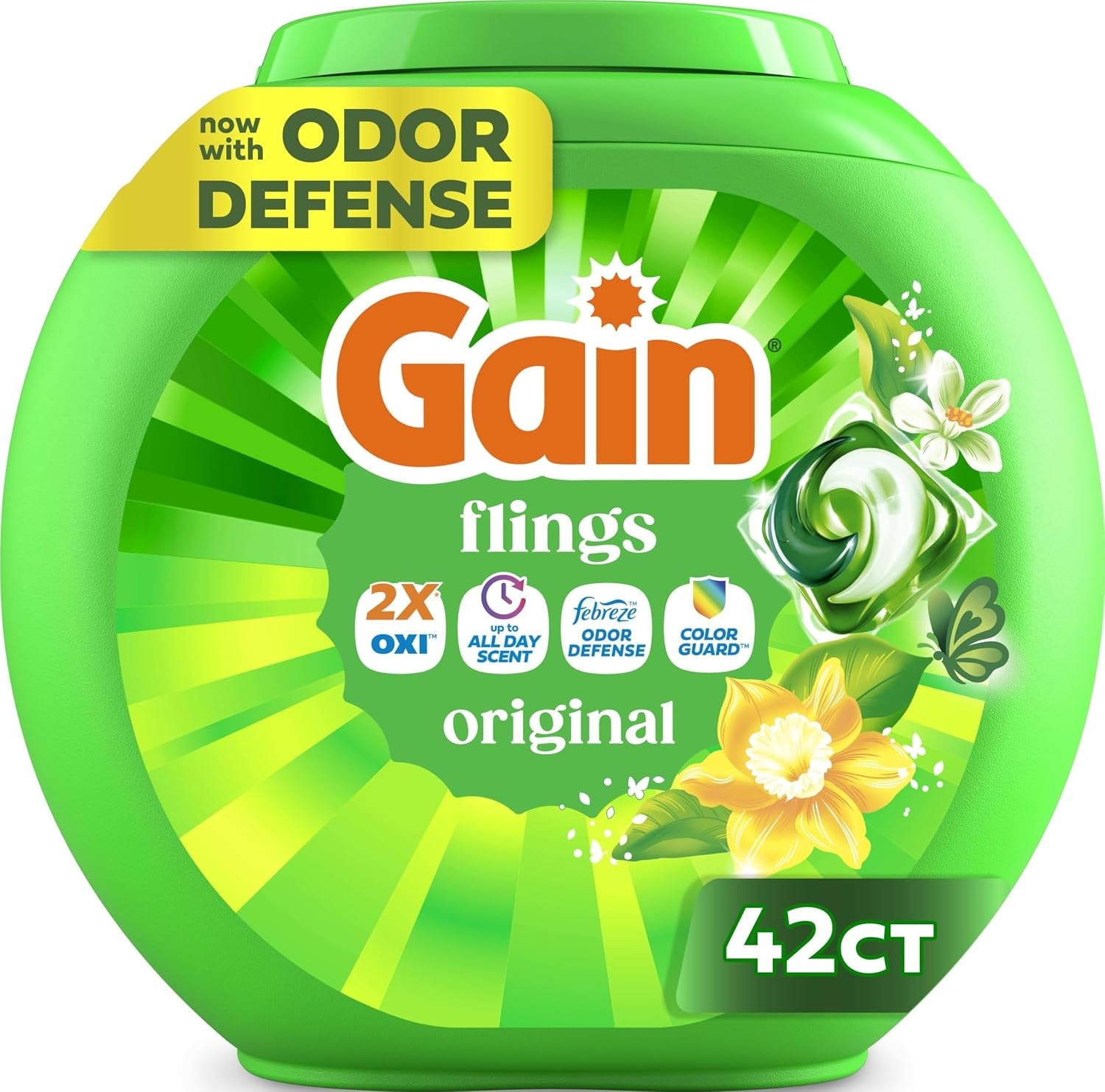Gain Flings Liquid Washing Detergent Pacs, Now with Odor Defense + Color Guard, Original Scent, 4-In-1 Liquid Laundry Detergent Pods, Clean & Fresh, 42 Count (Packaging May Vary)