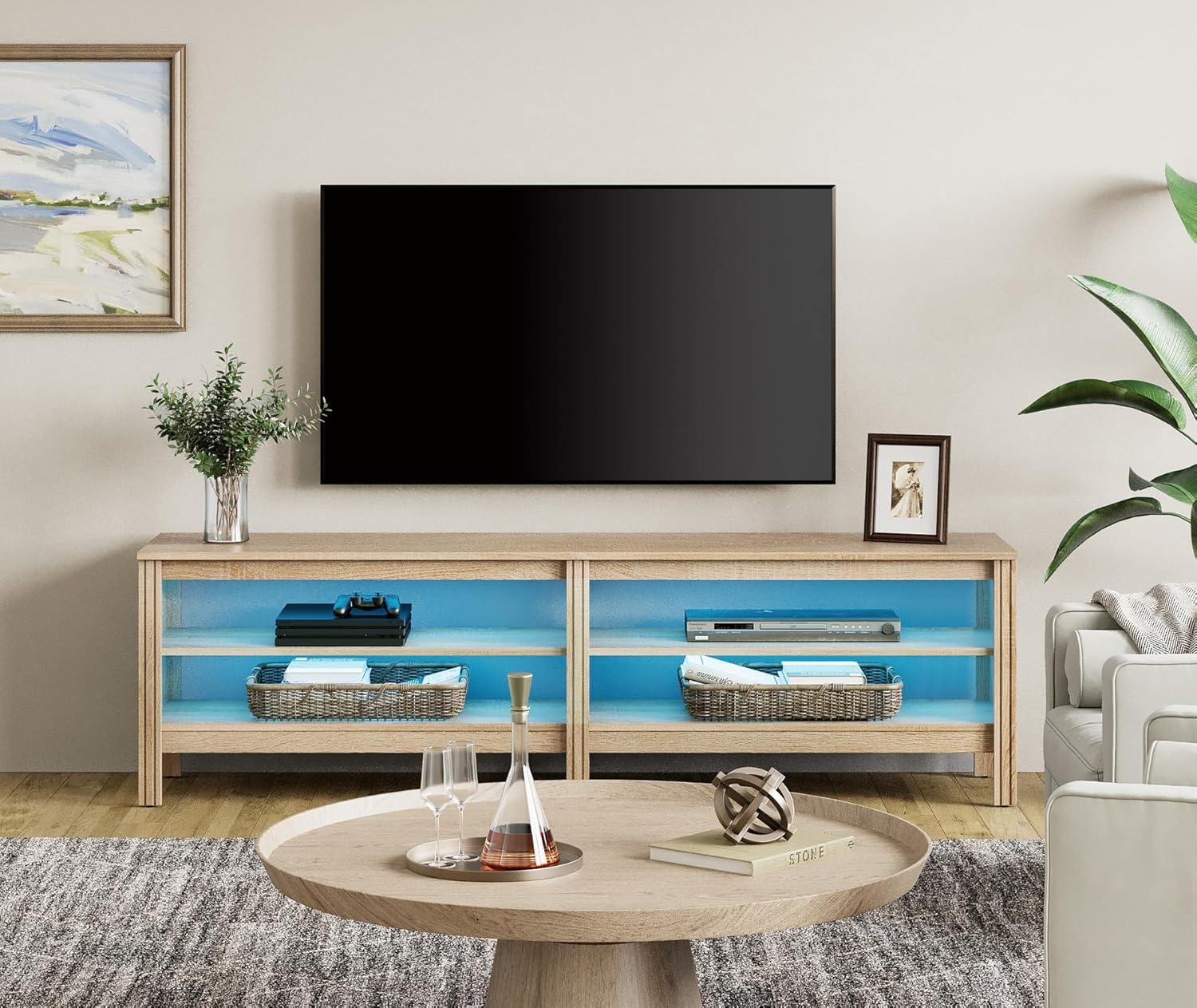 WAMPAT Farmhouse TV Stand for 75 Inch TV, LED Wood Entertainment Center for 70 65 55 inch TV Console Media Table with 4 Big Storage for Living Room Bedroom, Oak