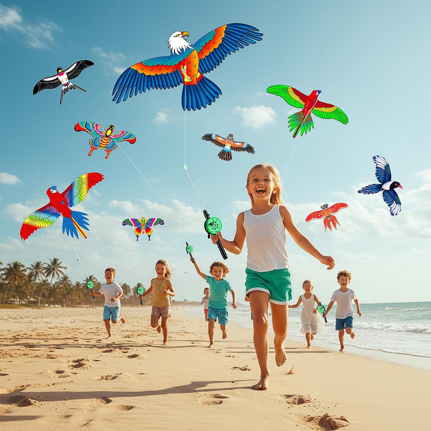 Simgoing 8 Pcs Mini Fishing Rod Kite for Kids Ages 4-8 8-12, Butterfly Swallow Parrot, Easy to Fly, Goldfish Eagle Kites for Adults Family in Spring Outdoor Beach Team Building, 13.78"