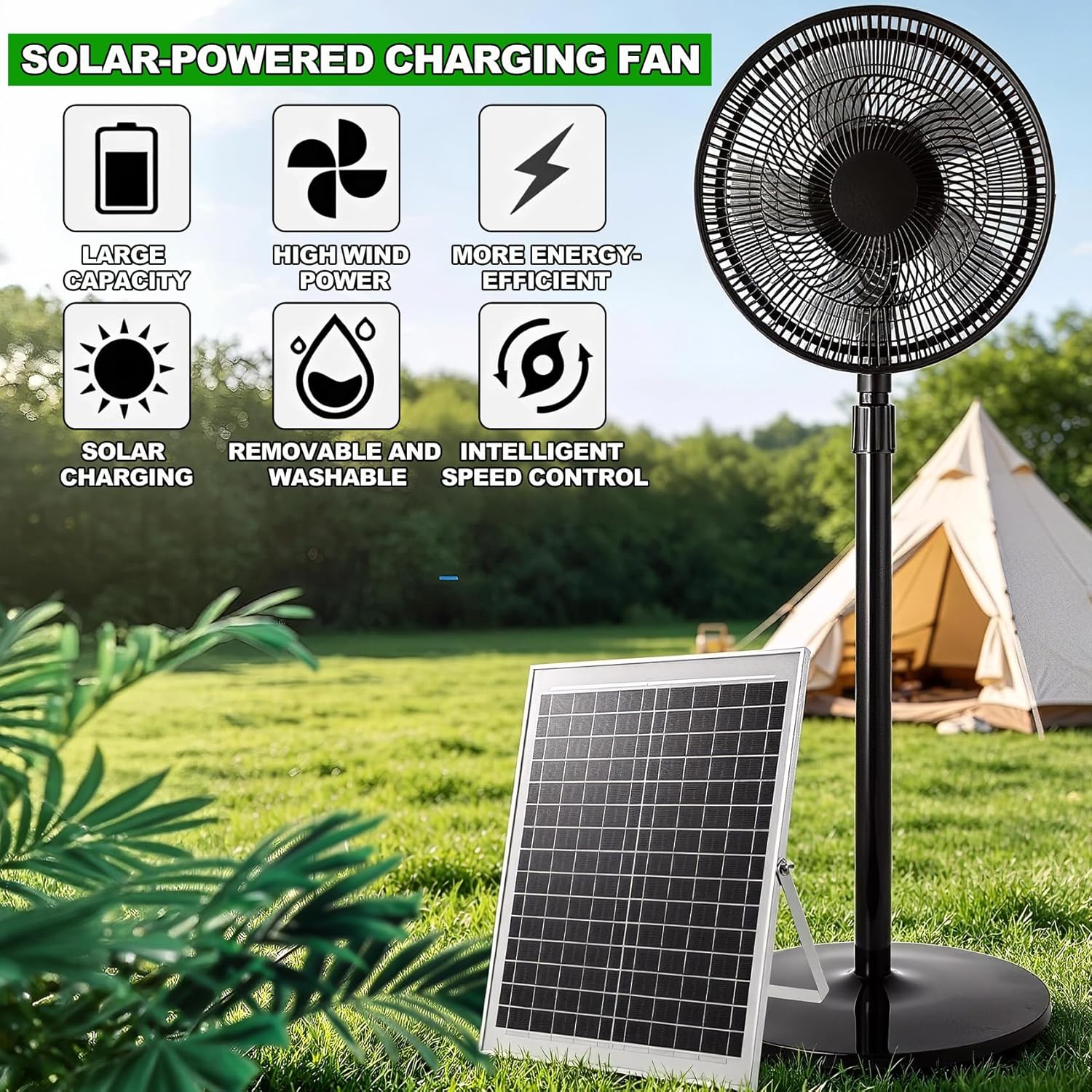 B,16in,16 Inch Portable Solar Floor Fan Rechargeable Oscillating Standing Pedestal Fan with Solar Panel, Two Charging Methods, Stepless Speed ​​Control for Home Office Outdoor