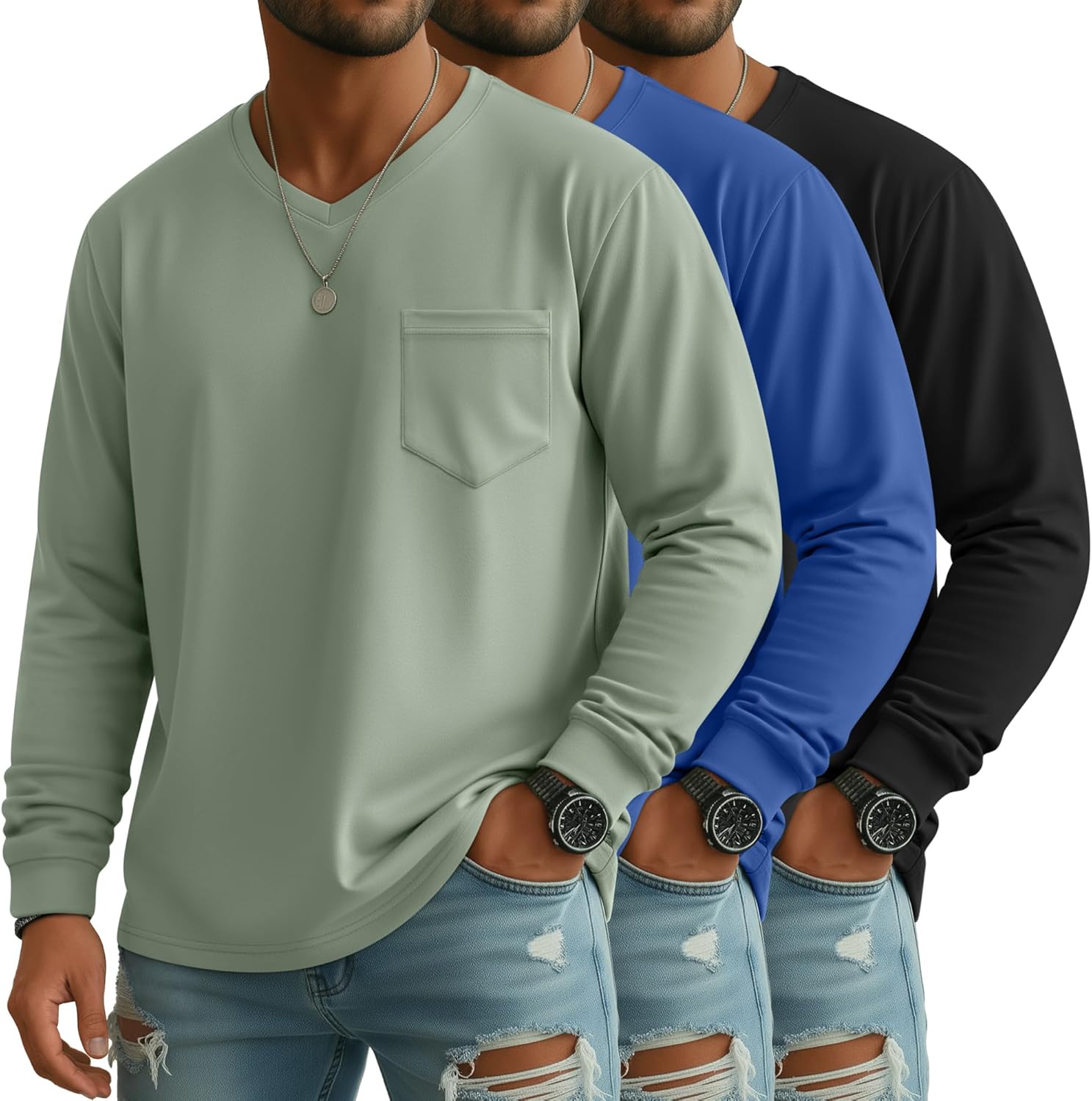 Ficerd 3 Pack Men's Big and Tall V Neck Shirts with Pocket Long Sleeve Plus Size Tops Basic Casual Loose Fall Tee