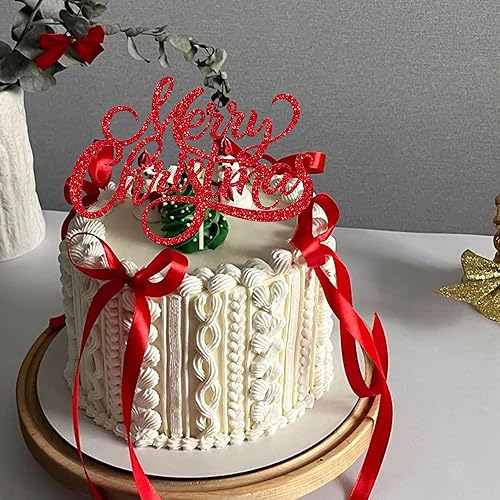 Vista 27 de Rsstarxi 1 paquete de decoración de pastel de Navidad con purpurina verde y rojo hojas de acebo y bayas, sombrero de Papá Noel, barba, decoración