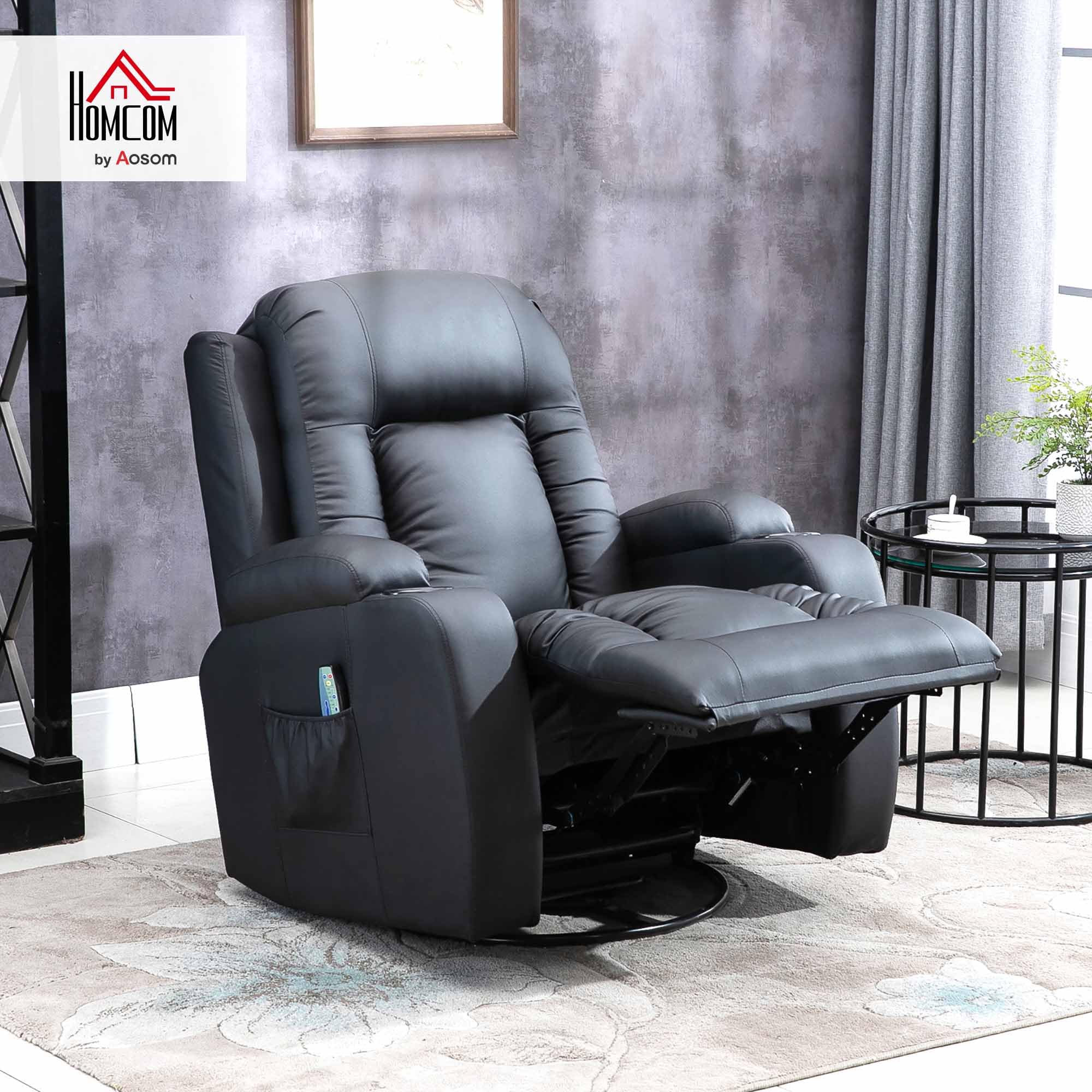 HOMCOM Relaxsessel verstellbar Massagesessel mit Liegefunktion, Heizung, Drehbar Fernsehsessel mit Wippfunktion, Becherhalter, Seitentasche, Timer, Kunstleder für Wohnzimmer Schwarz