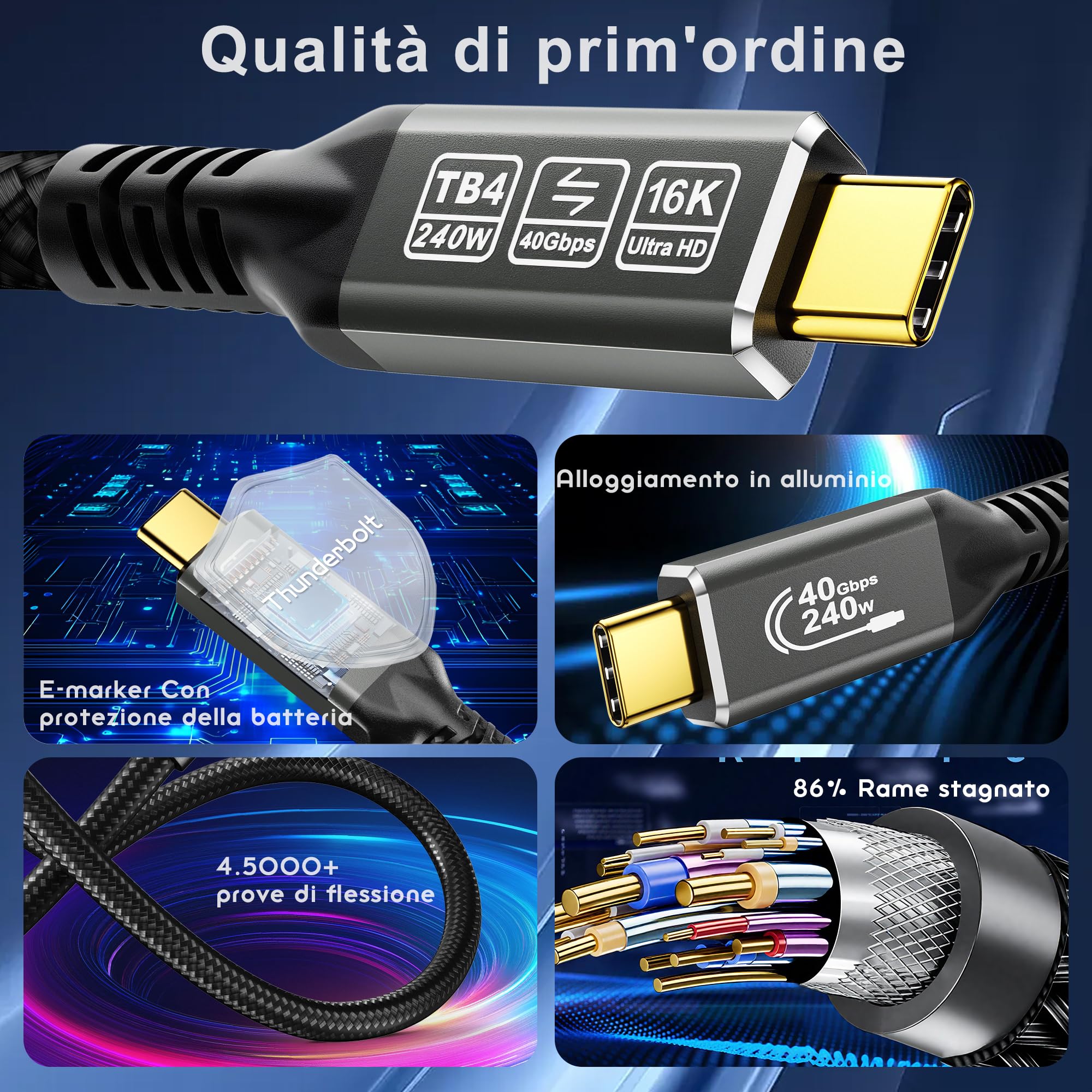 CAKOBLE 16K Cavo Thunderbolt 4 USB-C 2m | 40Gbps Trasferimento Dati Veloce, 240W PD3.1 Caricamento Rapido (5A) | 16K@30Hz/8K@60Hz/4K@144Hz Video Display | Cavo USB4 per MacBook/Galaxy 25/iPhone 16