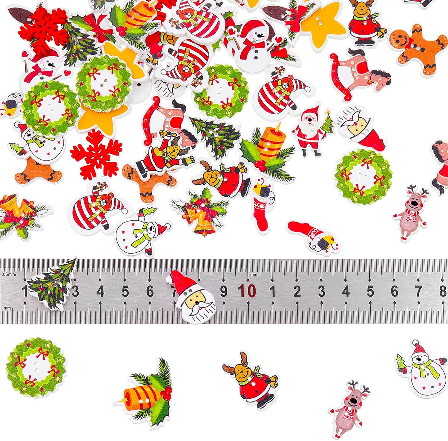 240 Pieces Christmas Wooden Buttons Colorful Sewing Buttons Assorted Christmas Crafts Buttons Christmas Stocking Decorative Buttons for DIY Sewing Handmade Projects, Mixed Sizes and Styles