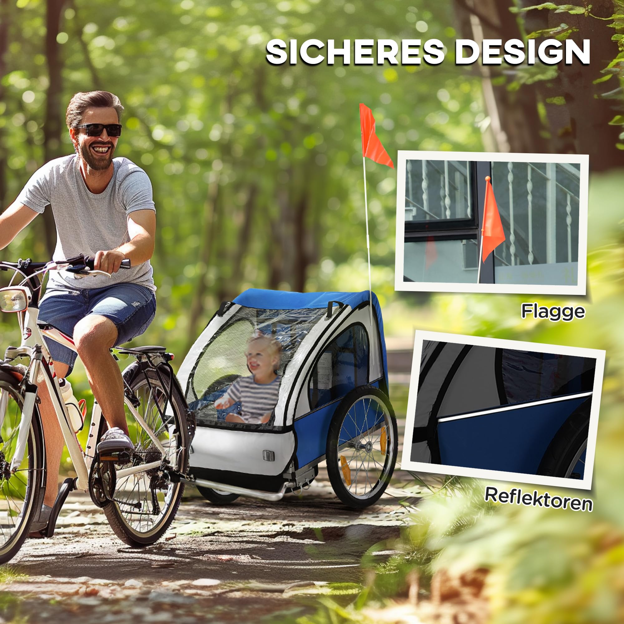 HOMCOM Kinderanhänger Kinderfahrrad geeignet für 2 Kinder, Stahlrahmen, Sitzträger mit Sicherheitsgurt, für Kinder ab 18 Monaten, Oxford-Gewebe, Stahl, 126x78x79 cm, Orange+Blau
