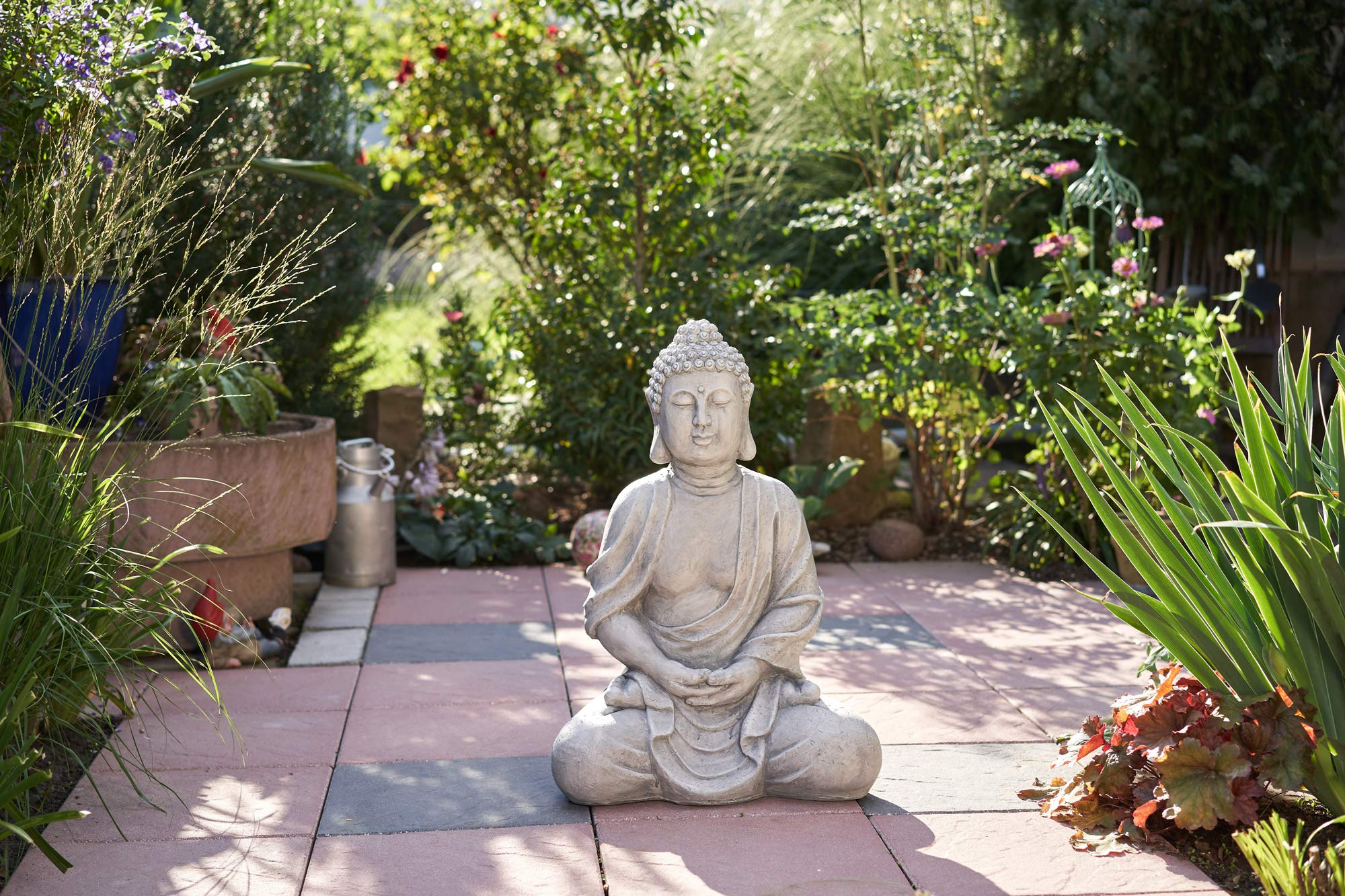 Worldconnection XXXL Grand Bouddha 70 cm Aspect Pierre Décoration de Jardin Statue Sculpture Feng Shui Assis Aspect Pierre