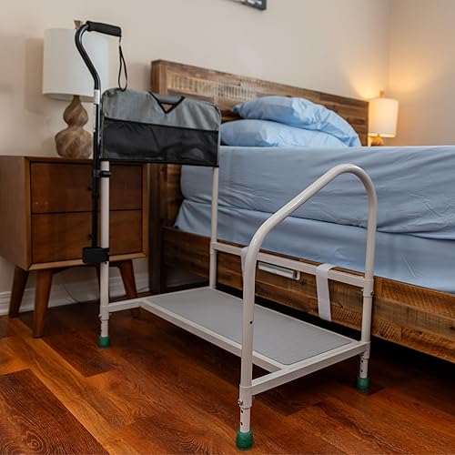 Miniatura 5 de step2bed Rieles de cama de lujo para adultos mayores, barandilla de seguridad de cama de altura ajustable para personas mayores con soporte para
