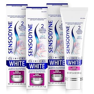 Sensodyne Clinical White Toothpaste Clinically Proven Whitening for Sensitive Teeth, Stain Protector, 3.4 oz x 3