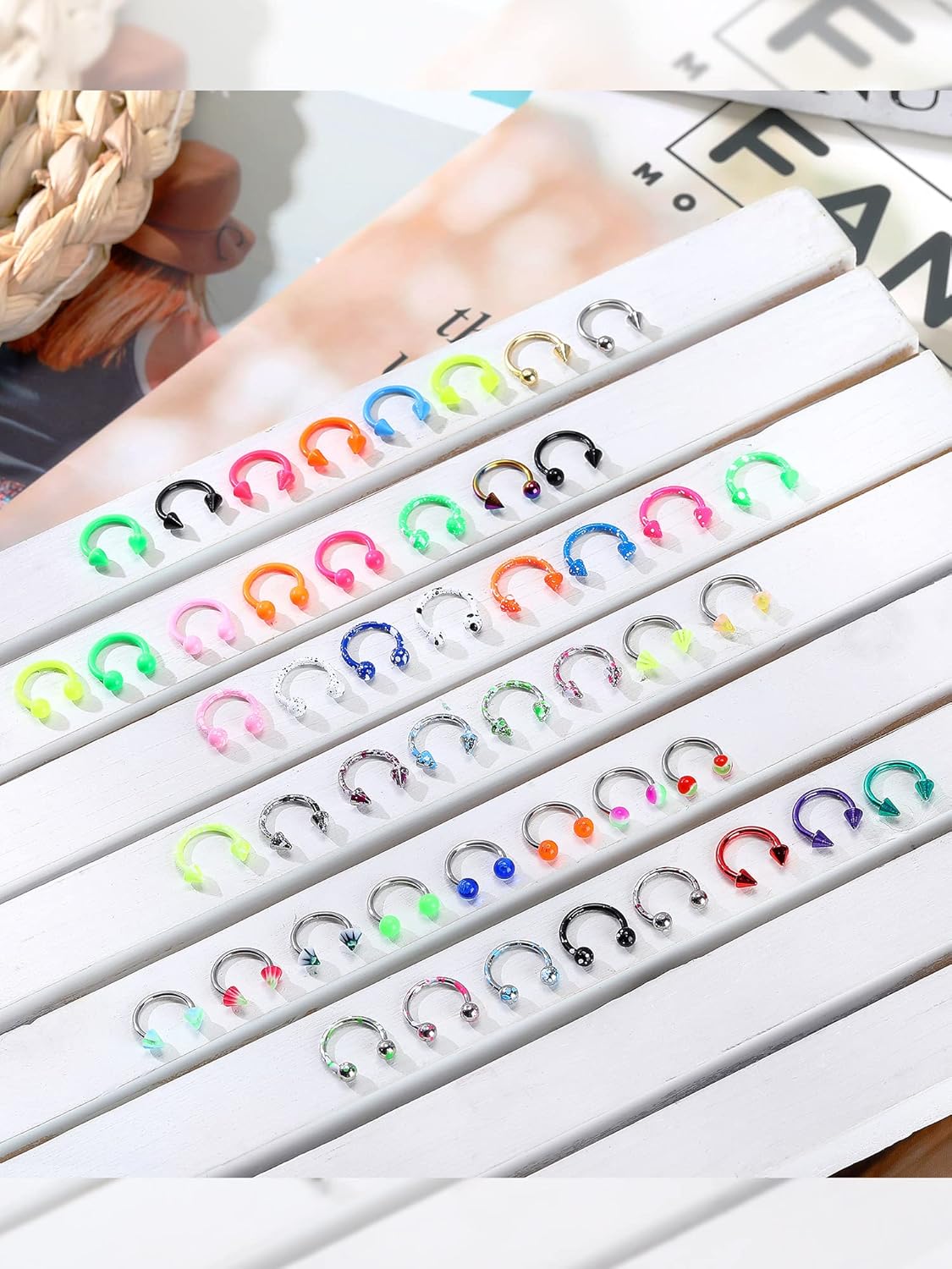 Jexine 120 Pcs 5G Septum Rings Surgical Horseshoe Rings Stainless Steel Piercing Jewelry for Women Men Cartilage Tragus Earrings Body Jewelry Acrylic, Multi Styles 10 mm - Image 5