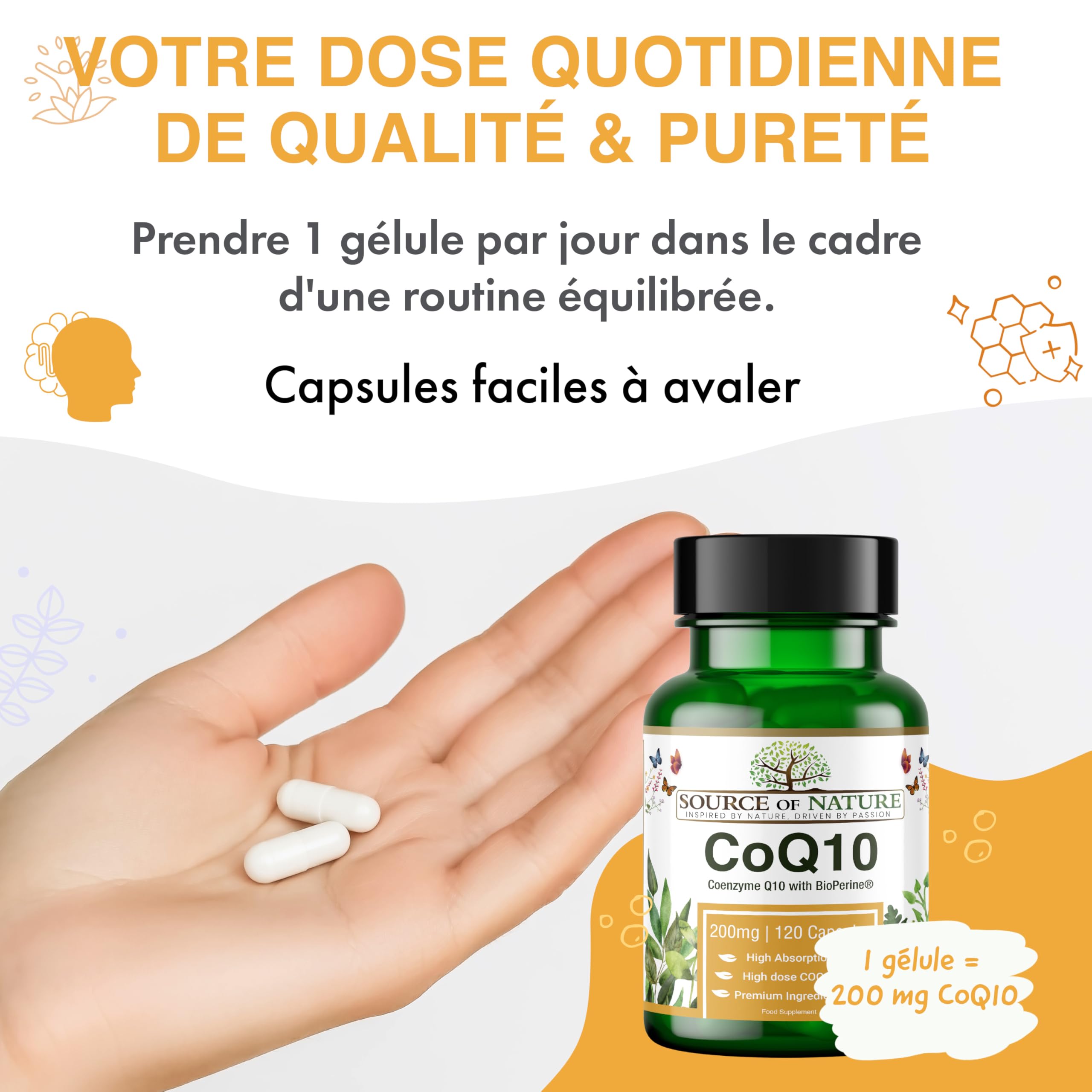 Source of Nature® | CoQ10 200mg | 120 Gélules | Approvisionnement de 4 mois | Haute dose | Coenzyme Q10 pur à 99% | Naturellement fermenté | Avec BioPerine® pour l'absorption | Végétalien