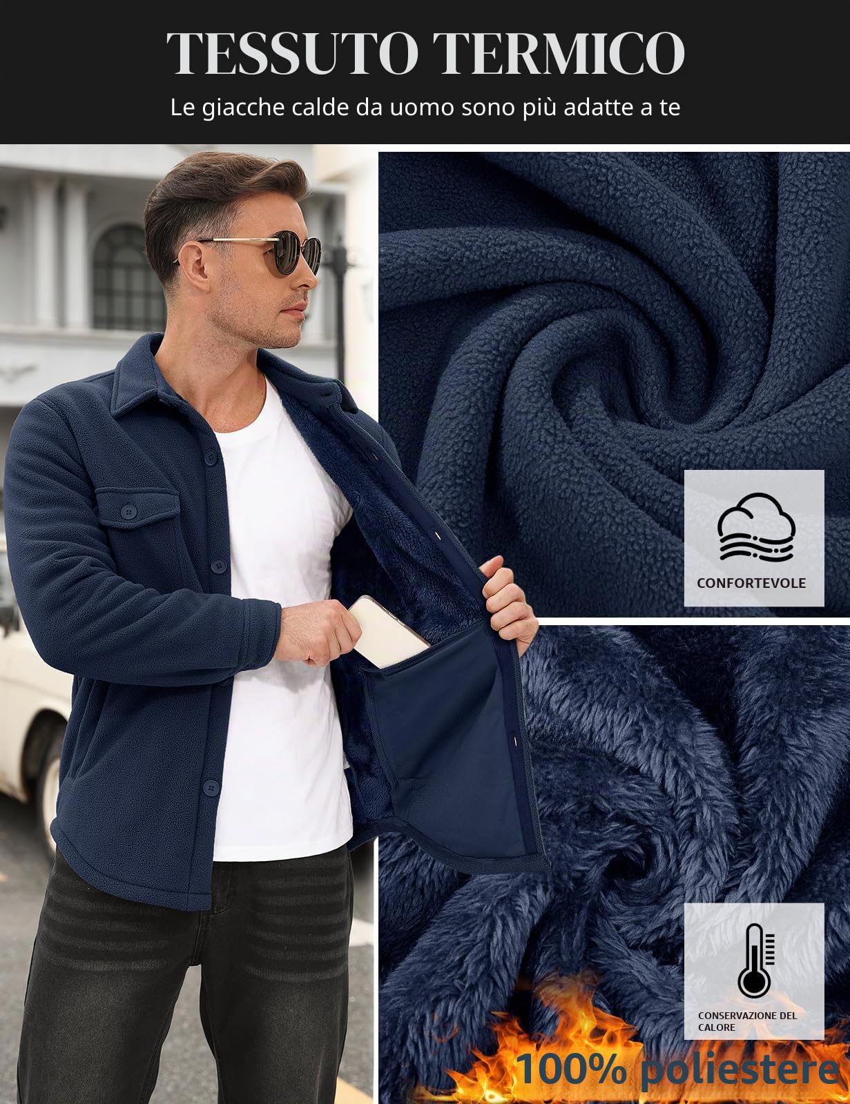 Xnova Giubbotto Invernale Uomo in Pile Termica Giacca da Lavoro Casual Giubbotti Invernali Calda con Risvolto Camicia in Flanella a Maniche Lunghe con Bottone Classico Jacket